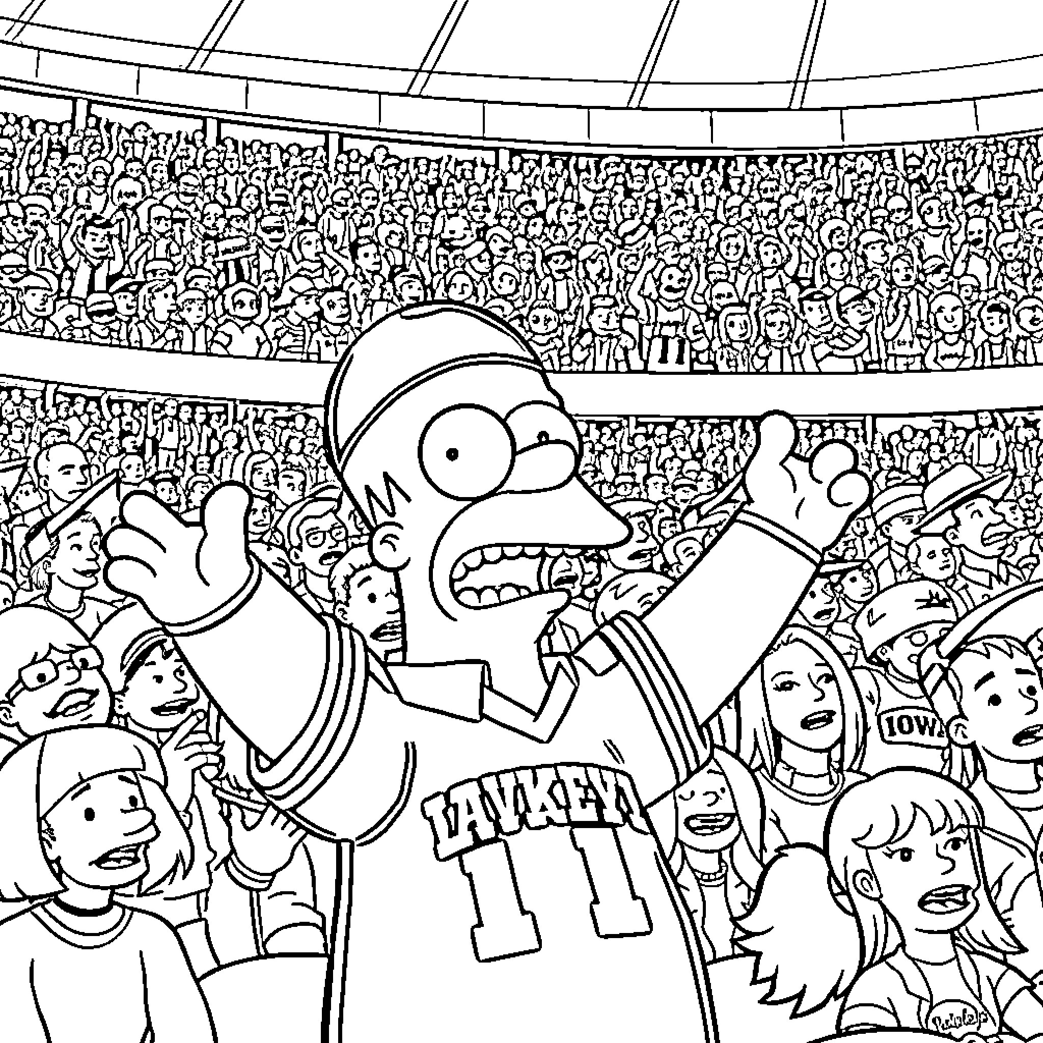 Homer Simpson cheering enthusiastically in a crowded stadium Coloring Page (free black-and-white line drawing printable PDF for all, from beginners to advanced learners, including children, teens, adults, and seniors)