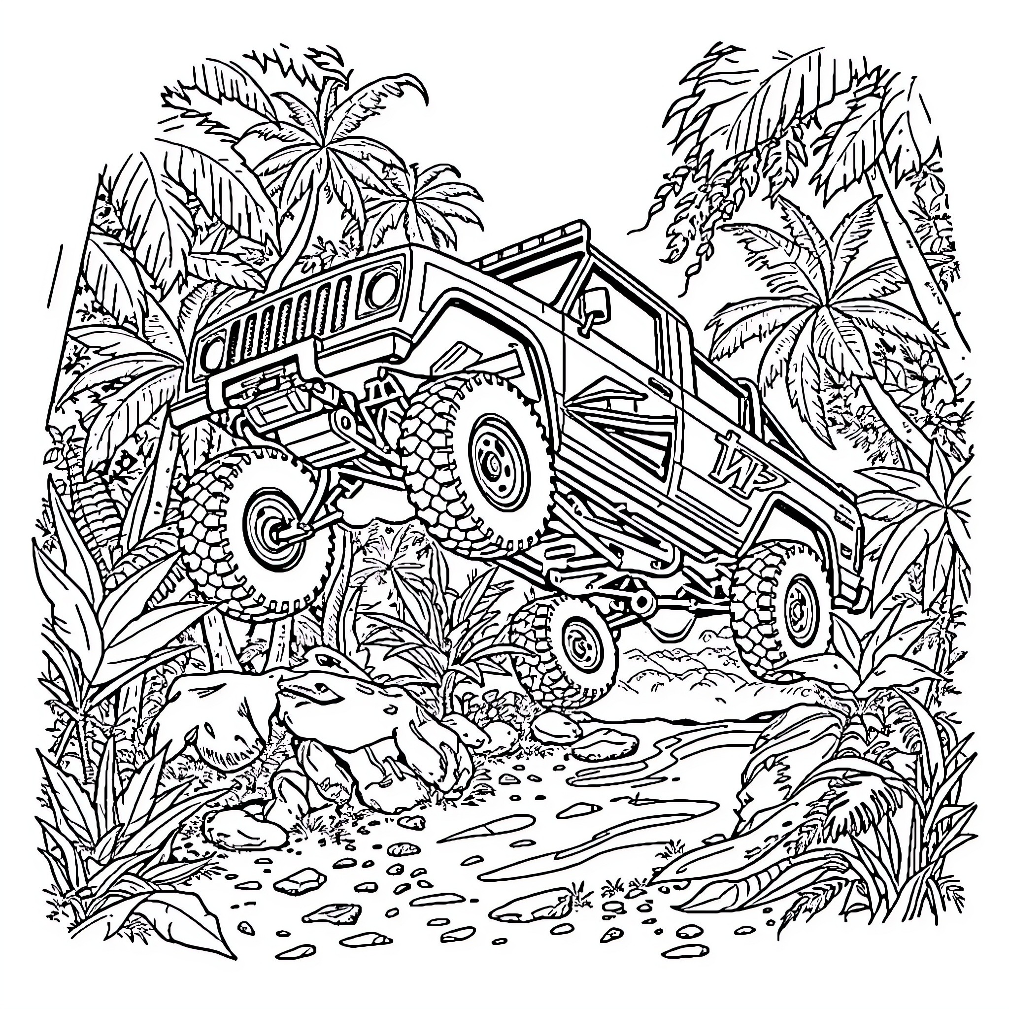 Prerunner Truck Traversing Jungle Terrain Coloring Page (free black-and-white line drawing printable PDF for all, from beginners to advanced learners, including children, teens, adults, and seniors)