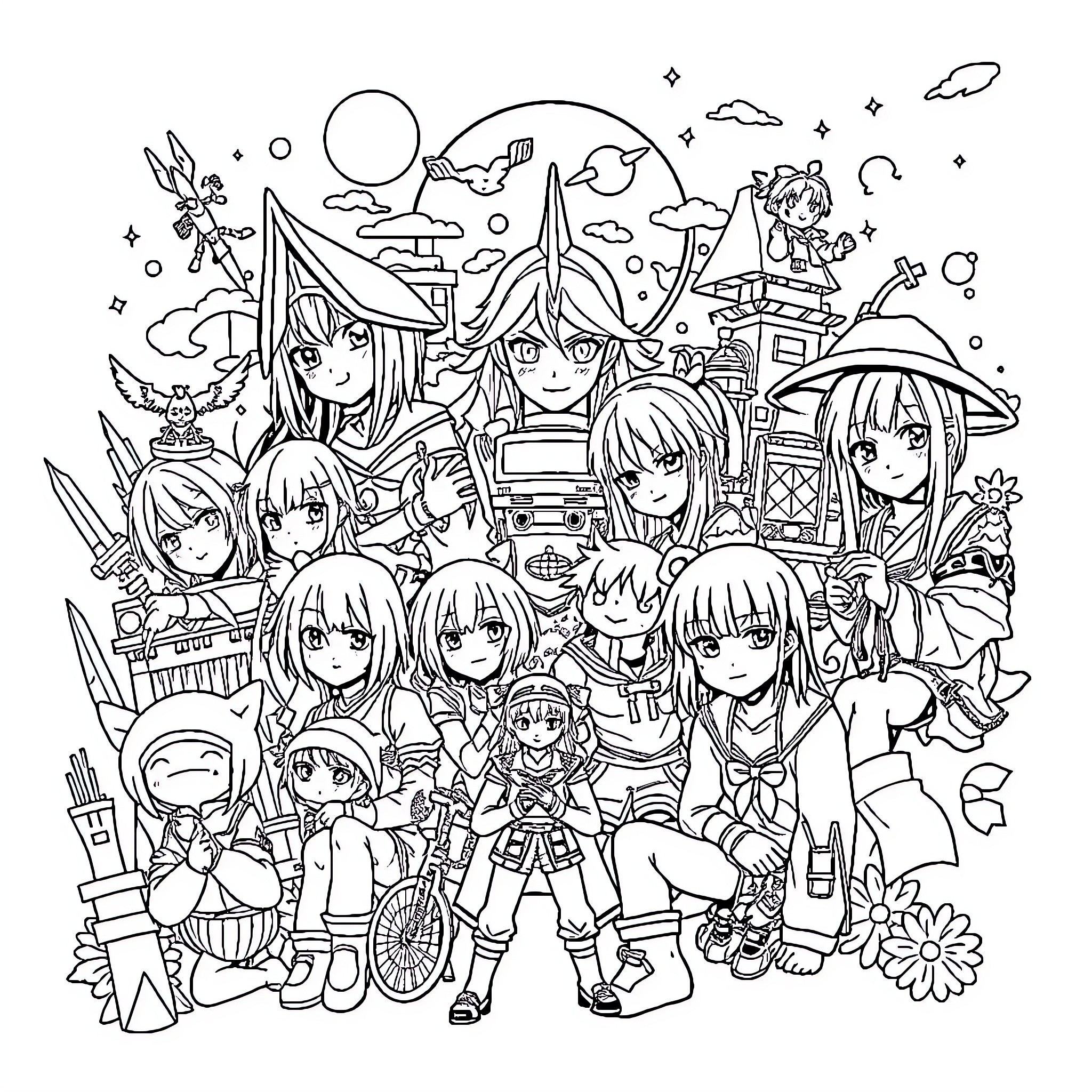 Anime Characters in a Whimsical Gathering Coloring Page (free black-and-white line drawing printable PDF for all, from beginners to advanced learners, including children, teens, adults, and seniors)