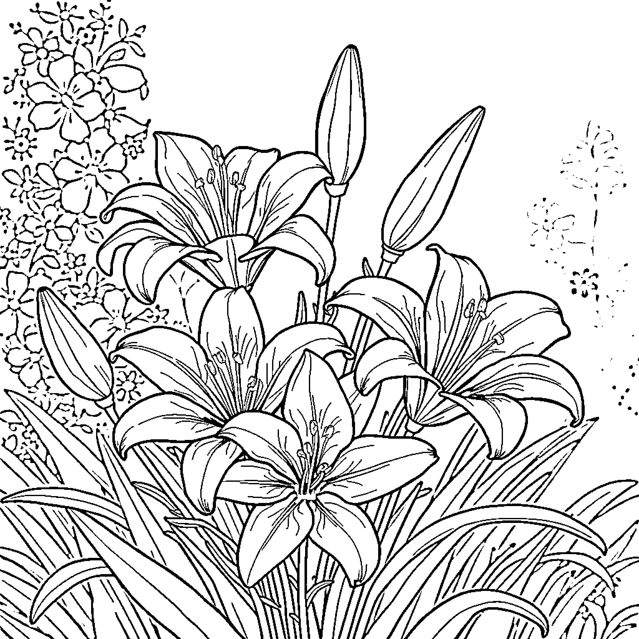 Lily blooming beautifully in a lush garden Coloring Page (free black-and-white line drawing printable PDF for all, from beginners to advanced learners, including children, teens, adults, and seniors)