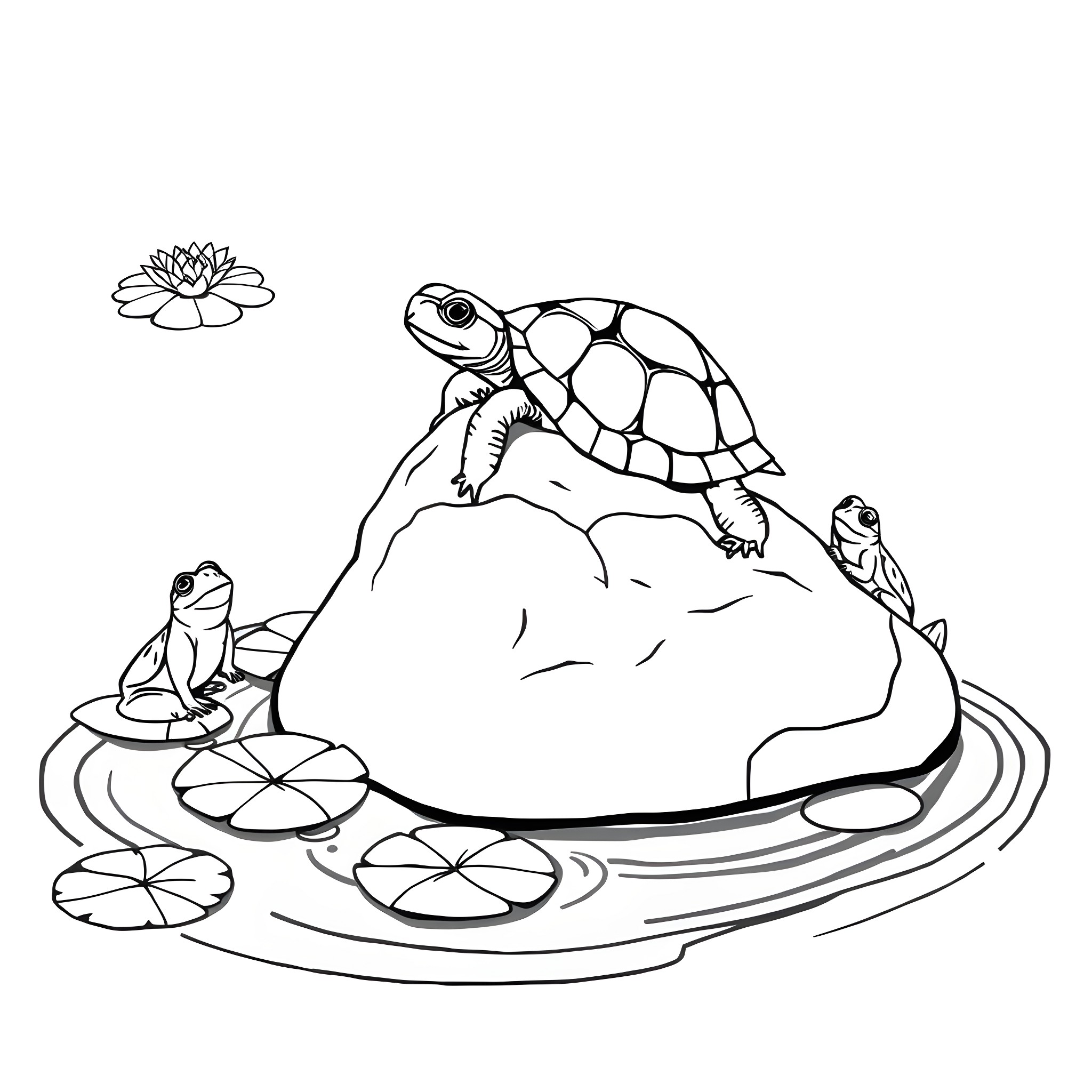 Turtle exploring a tranquil pond Coloring Page (free black-and-white line drawing printable PDF for all, from beginners to advanced learners, including children, teens, adults, and seniors)