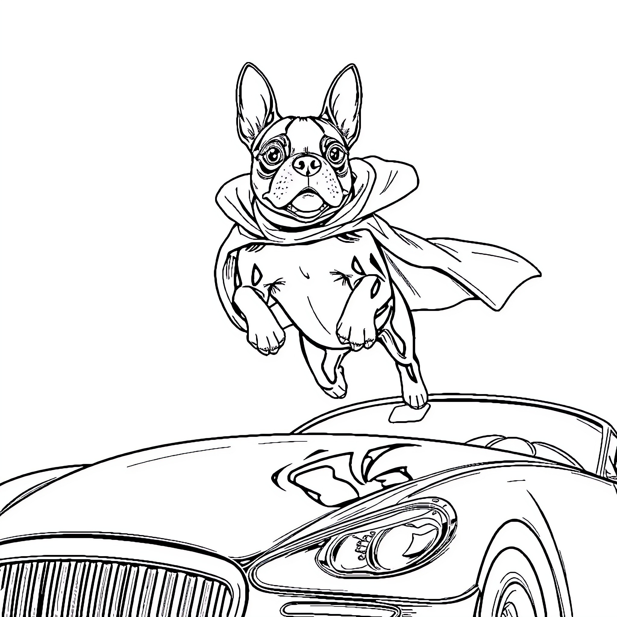 Boston Terrier superhero flying over car Coloring Page (free black-and-white line drawing printable PDF for all, from beginners to advanced learners, including children, teens, adults, and seniors)
