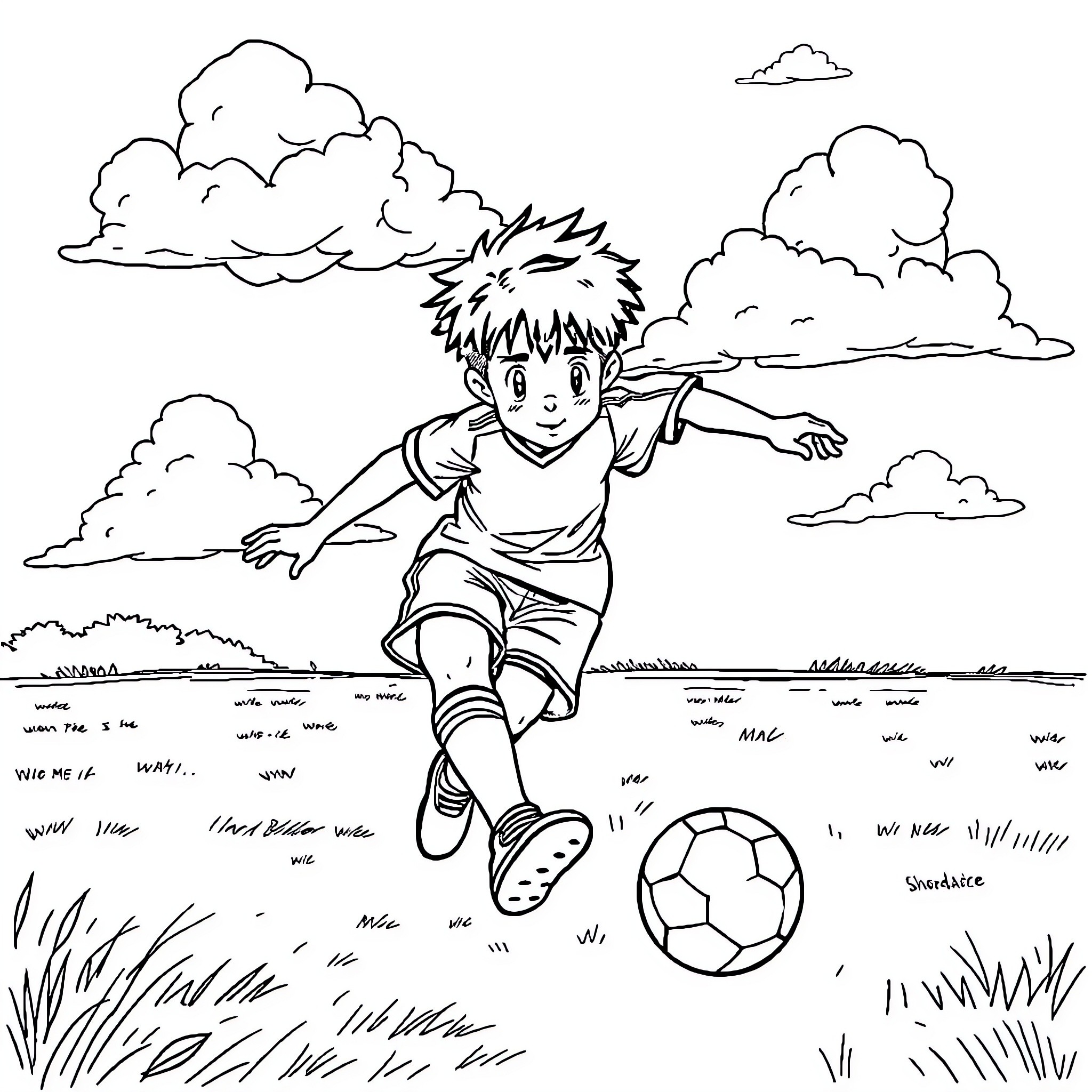 Tsubasa playing soccer in the countryside Coloring Page (free black-and-white line drawing printable PDF for all, from beginners to advanced learners, including children, teens, adults, and seniors)