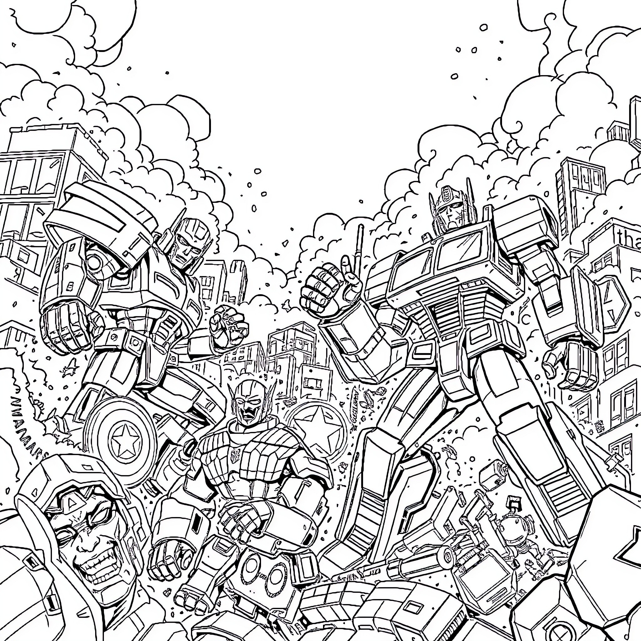 Avengers battling in an epic clash of robotic foes Coloring Page (free black-and-white line drawing printable PDF for all, from beginners to advanced learners, including children, teens, adults, and seniors)