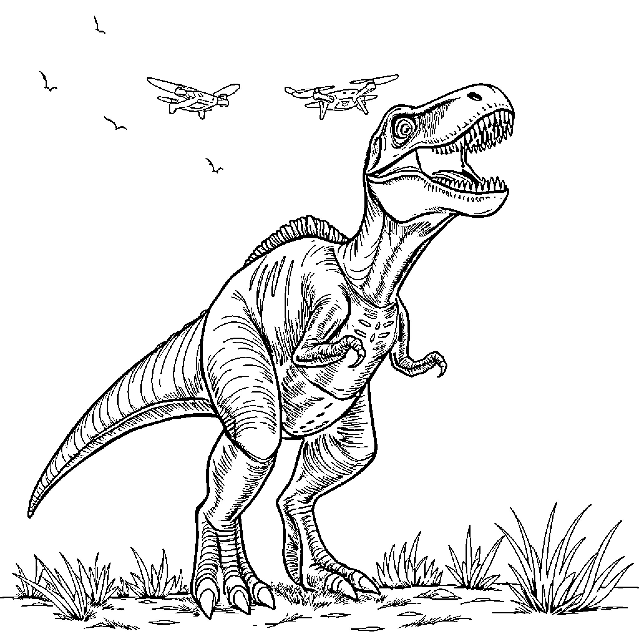 Indoraptor dinosaur roaring at flying airplanes Coloring Page (free black-and-white line drawing printable PDF for all, from beginners to advanced learners, including children, teens, adults, and seniors)