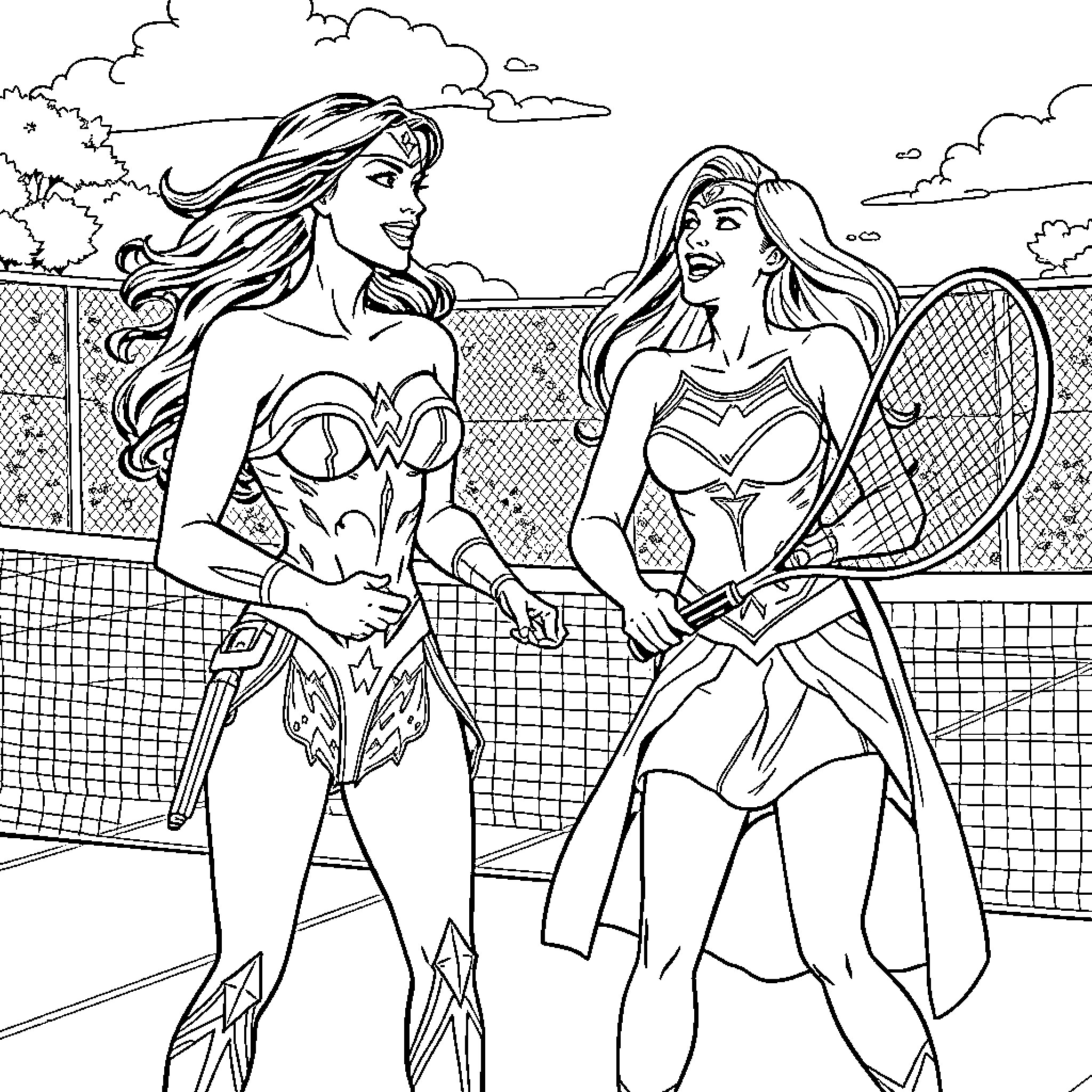 Wonder Woman and a friend playing tennis Coloring Page (free black-and-white line drawing printable PDF for all, from beginners to advanced learners, including children, teens, adults, and seniors)