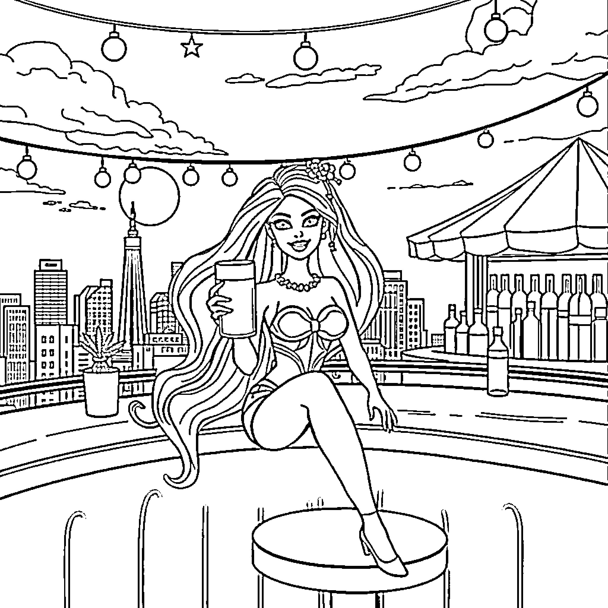 Barbie enjoying a night out in the city Coloring Page (free black-and-white line drawing printable PDF for all, from beginners to advanced learners, including children, teens, adults, and seniors)
