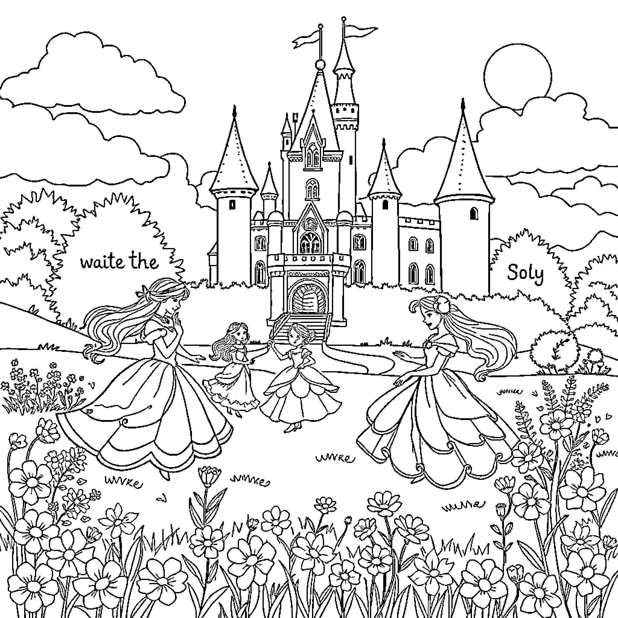 Princess fairy tale adventure at the castle Coloring Page (free black-and-white line drawing printable PDF for all, from beginners to advanced learners, including children, teens, adults, and seniors)