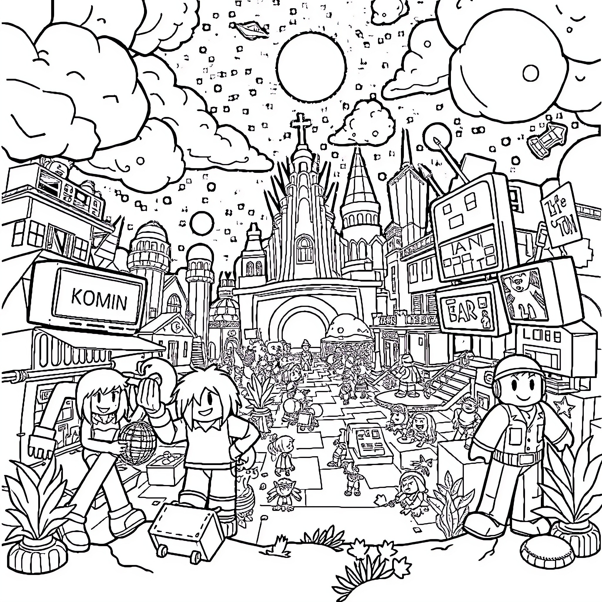 Roblox Cityscape with Diverse Characters and Activities Coloring Page (free black-and-white line drawing printable PDF for all, from beginners to advanced learners, including children, teens, adults, and seniors)