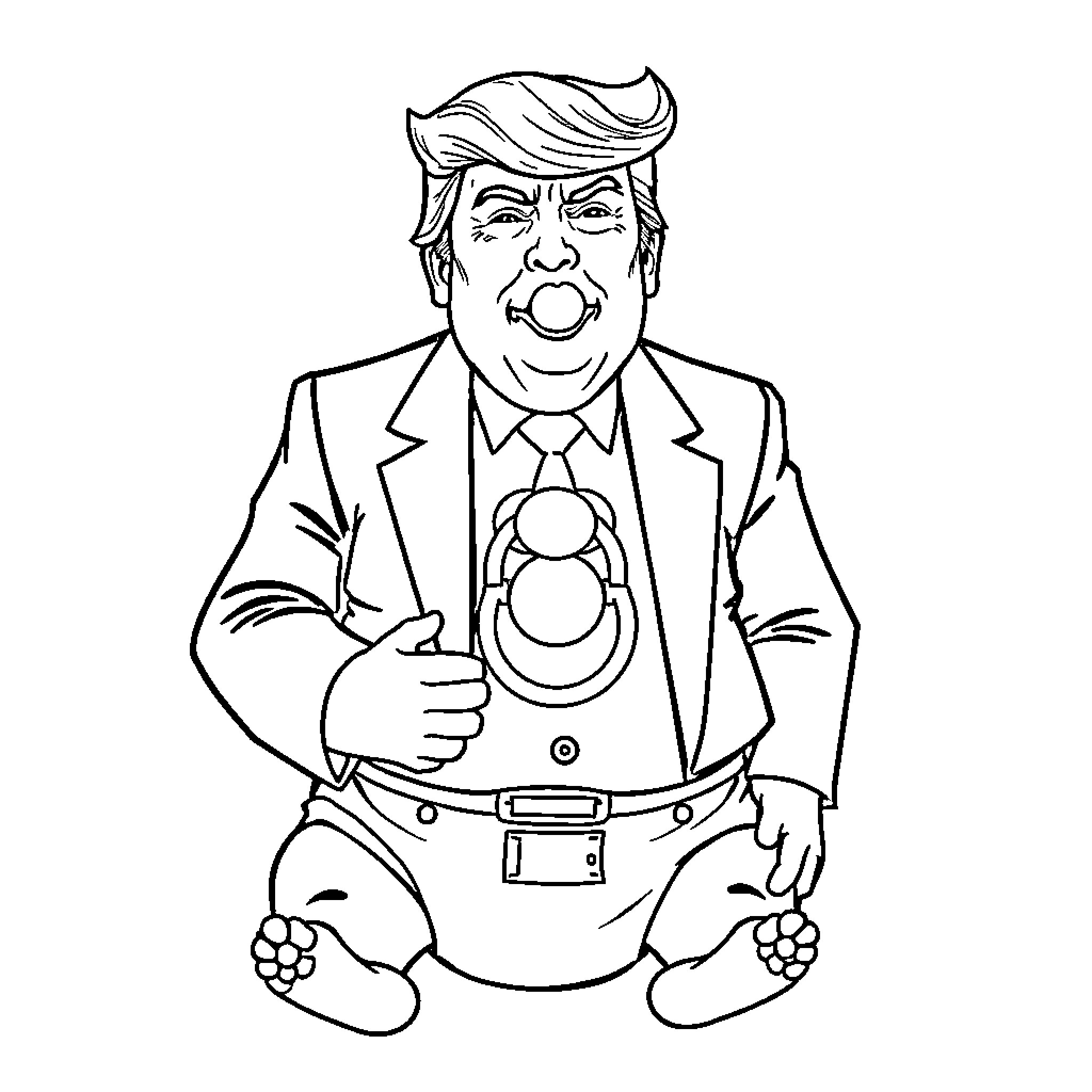 Donald Trump in an exaggerated, comic-like depiction Coloring Page (free black-and-white line drawing printable PDF for all, from beginners to advanced learners, including children, teens, adults, and seniors)