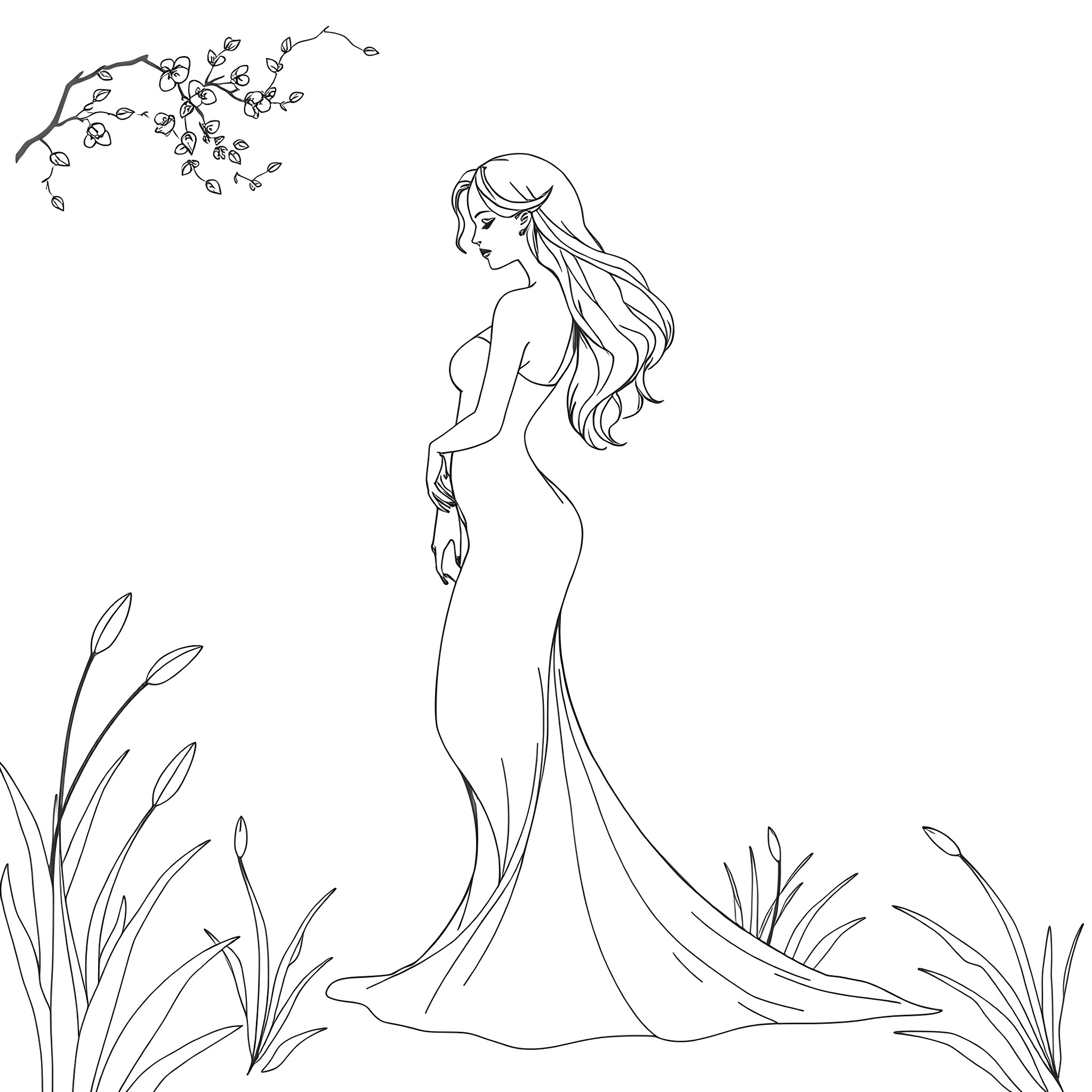 Female Body in Flowing Dress in Nature Coloring Page (free black-and-white line drawing printable PDF for all, from beginners to advanced learners, including children, teens, adults, and seniors)