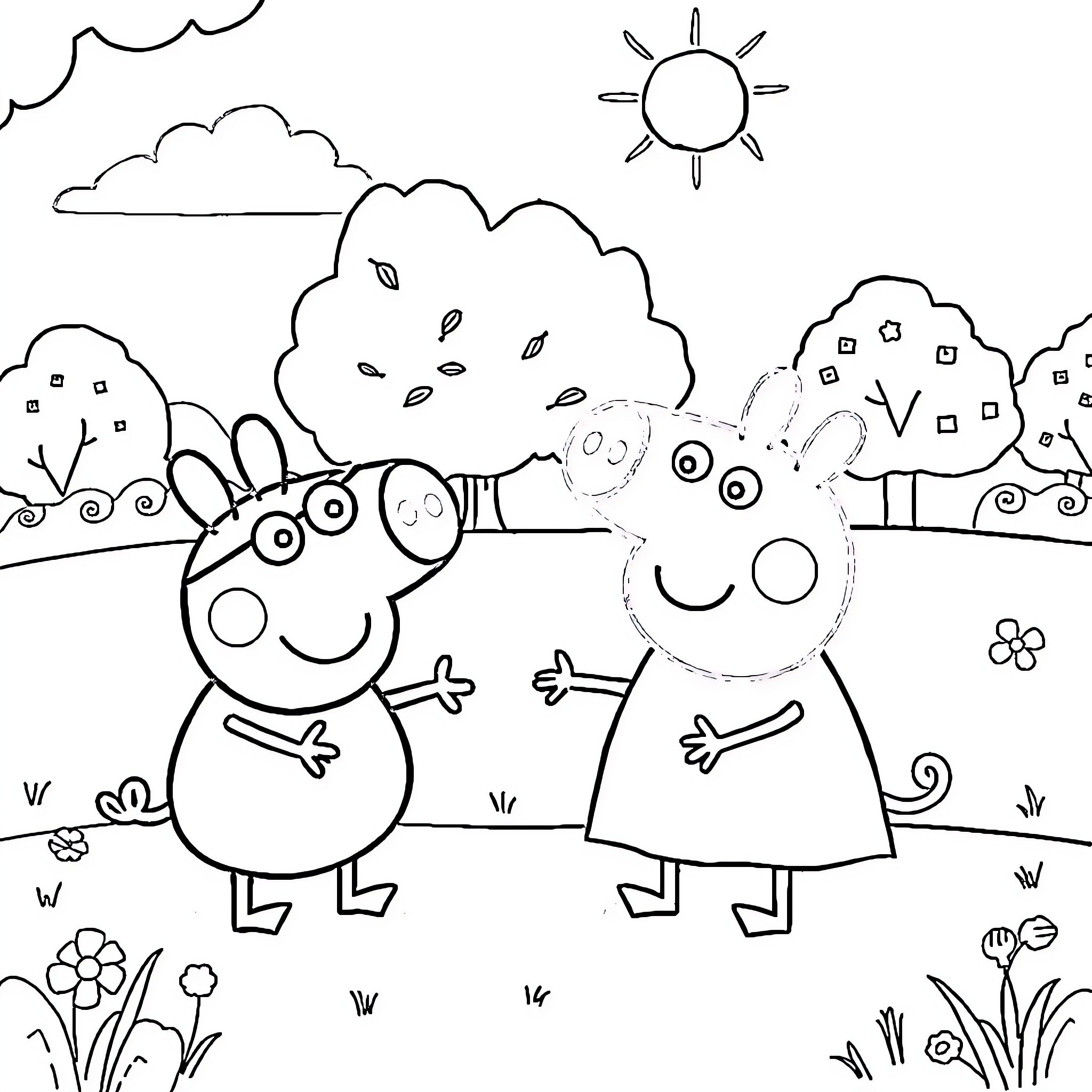 Bluey and Bingo exploring the outdoors happily Coloring Page (free black-and-white line drawing printable PDF for all, from beginners to advanced learners, including children, teens, adults, and seniors)