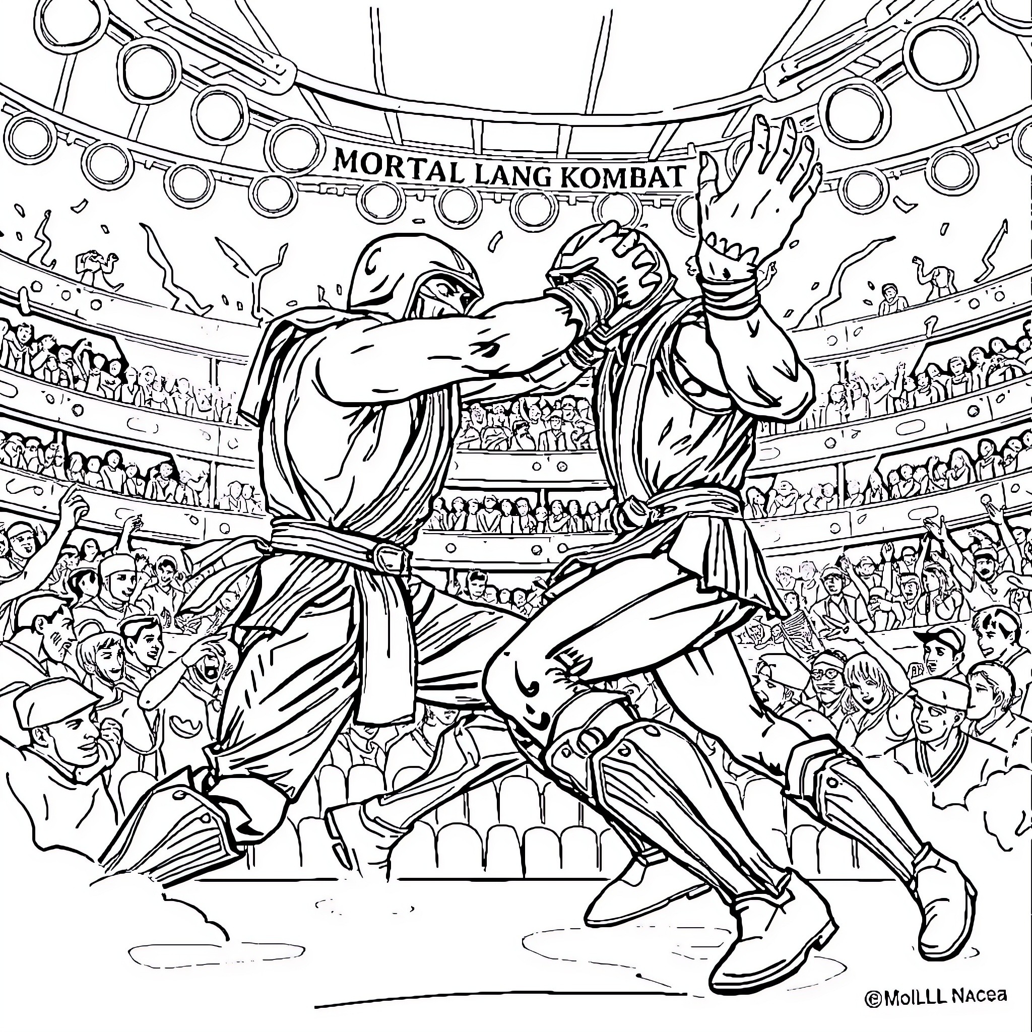 Homelander's Fierce Battle in the Mortal Kombat Arena Coloring Page (free black-and-white line drawing printable PDF for all, from beginners to advanced learners, including children, teens, adults, and seniors)