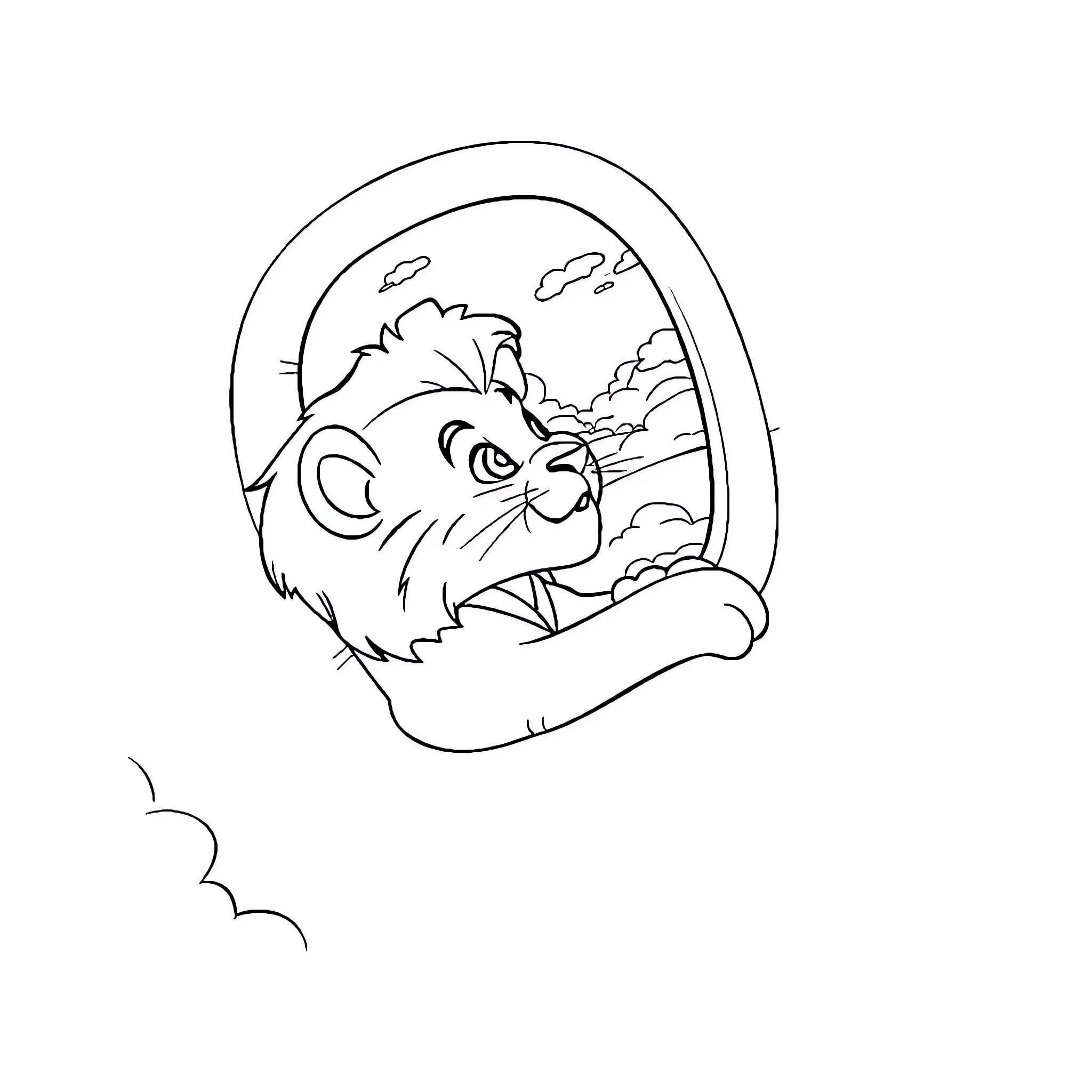 Simba in a cloudy, outdoor scene Coloring Page (free black-and-white line drawing printable PDF for all, from beginners to advanced learners, including children, teens, adults, and seniors)