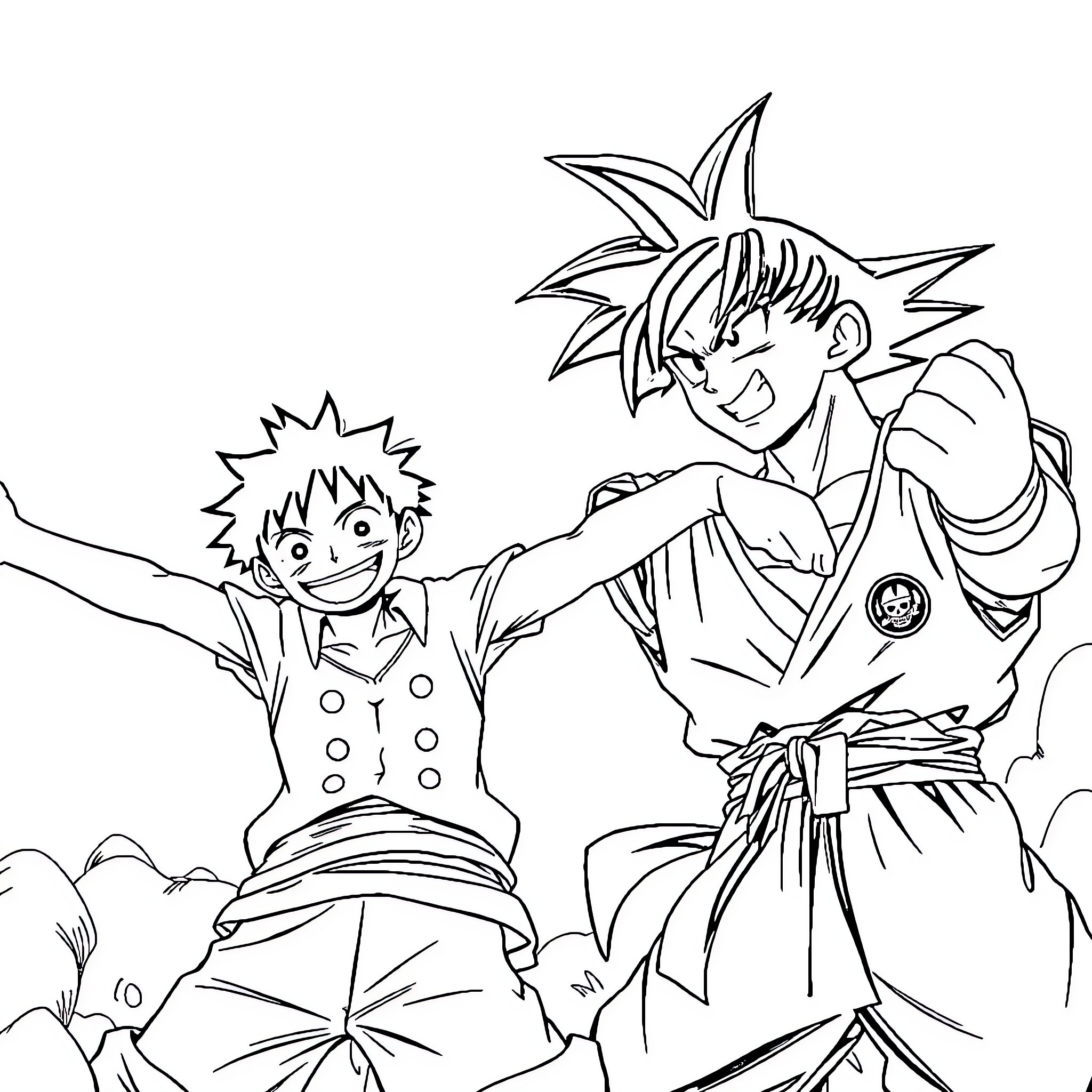 Luffy and his friend in an action-packed scene Coloring Page (free black-and-white line drawing printable PDF for all, from beginners to advanced learners, including children, teens, adults, and seniors)
