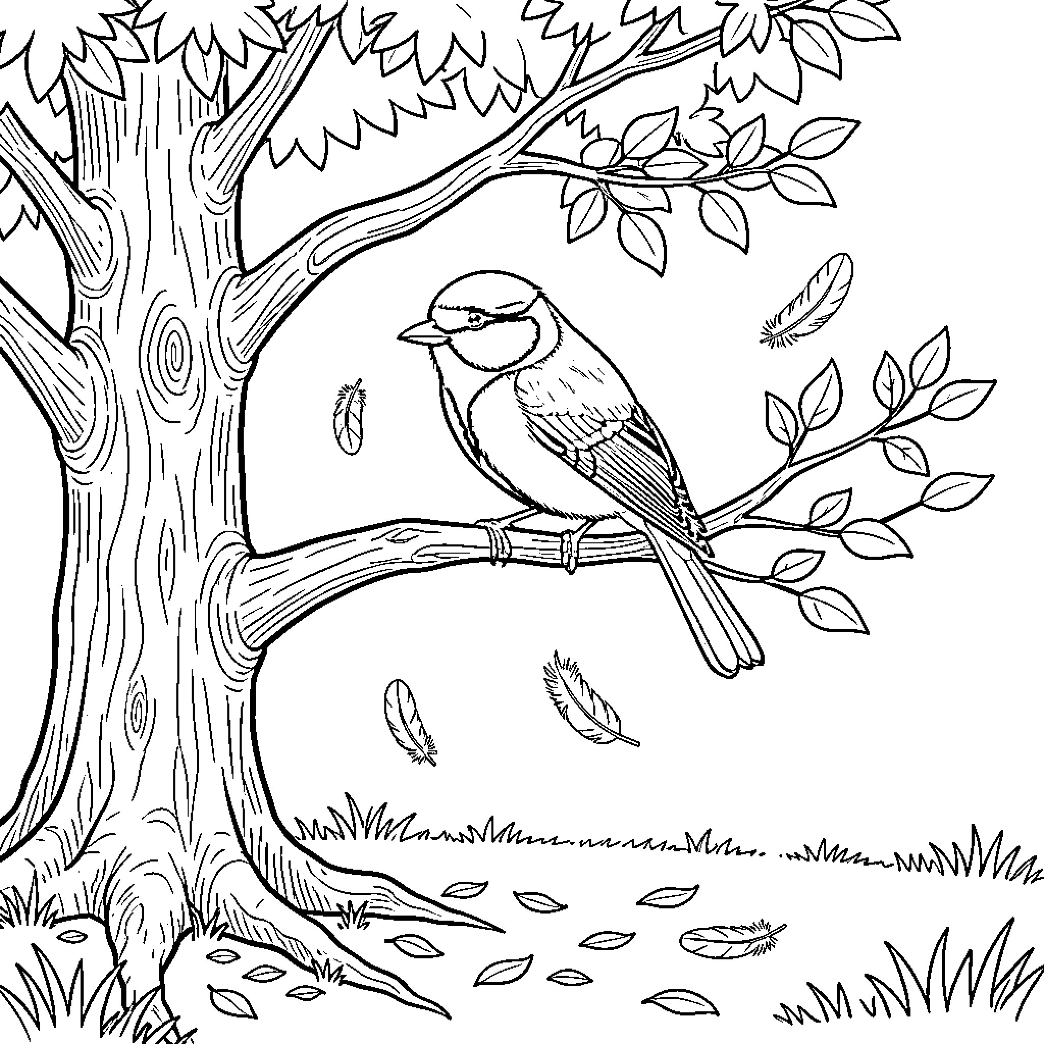 Blue Tit perched on a tree branch Coloring Page (free black-and-white line drawing printable PDF for all, from beginners to advanced learners, including children, teens, adults, and seniors)