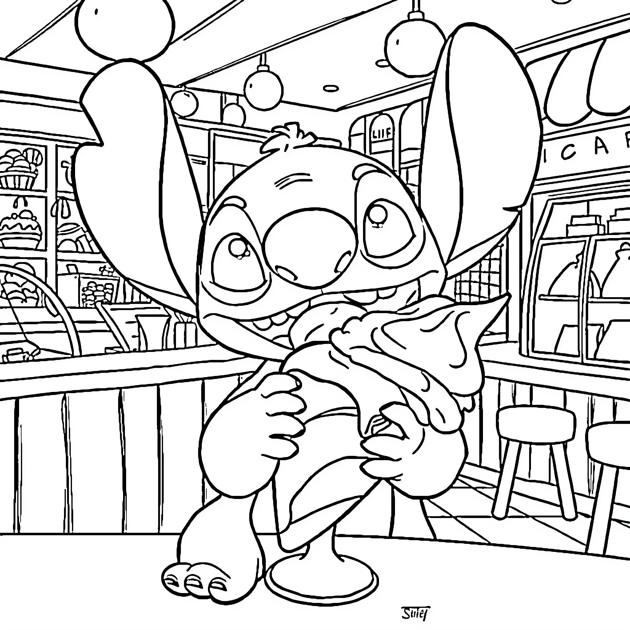 Stitch exploring a lively cafe setting Coloring Page (free black-and-white line drawing printable PDF for all, from beginners to advanced learners, including children, teens, adults, and seniors)