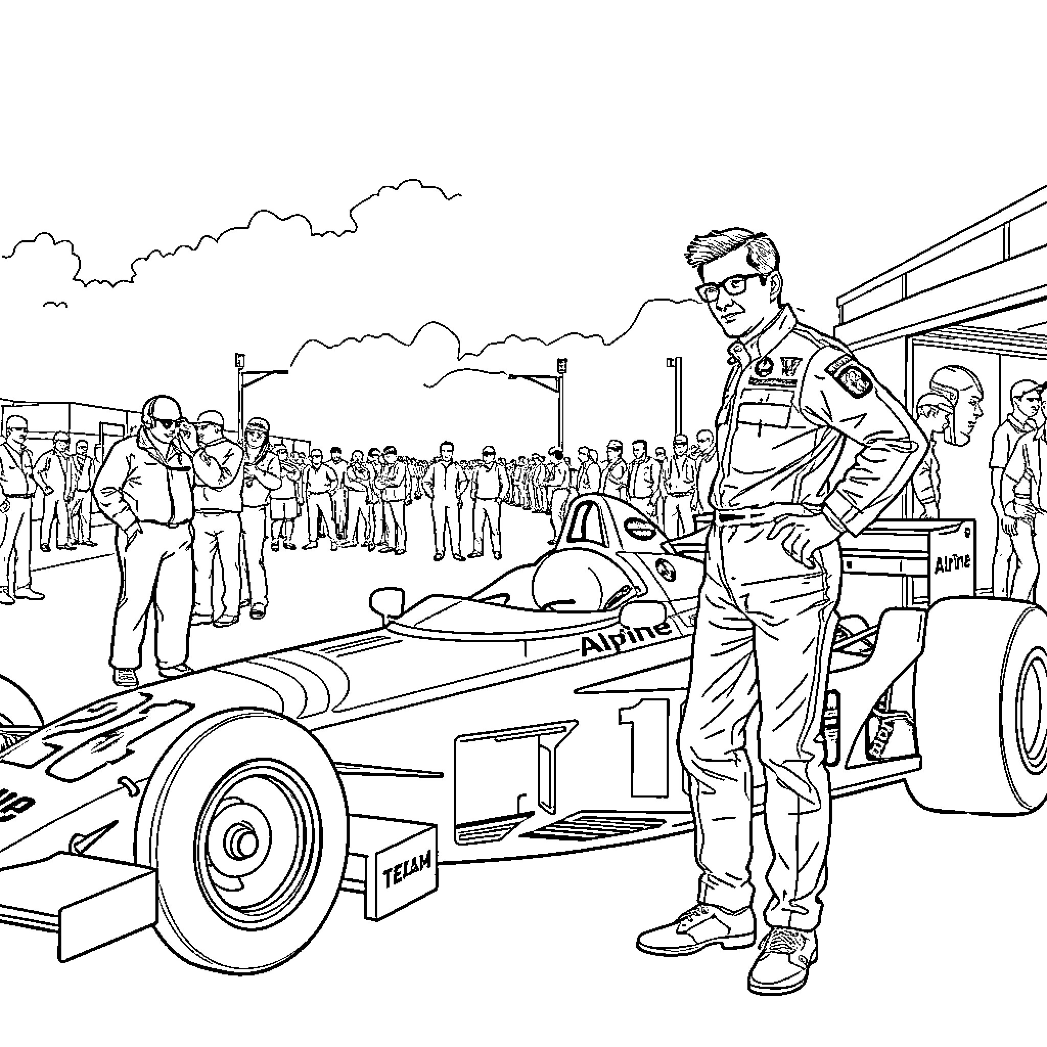 Franco Colapinto posing with racing car at track event Coloring Page (free black-and-white line drawing printable PDF for all, from beginners to advanced learners, including children, teens, adults, and seniors)