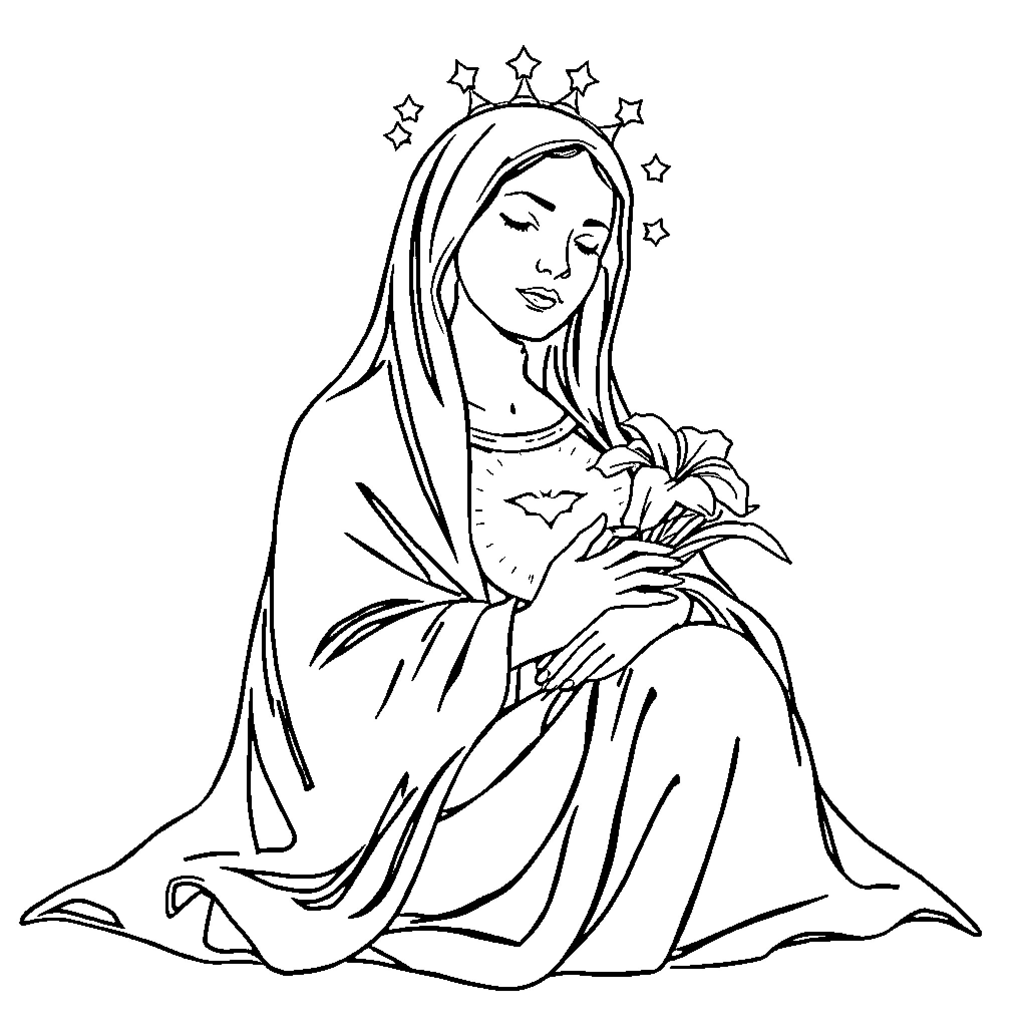 Mater's tranquil embrace with heavenly glow Coloring Page (free black-and-white line drawing printable PDF for all, from beginners to advanced learners, including children, teens, adults, and seniors)