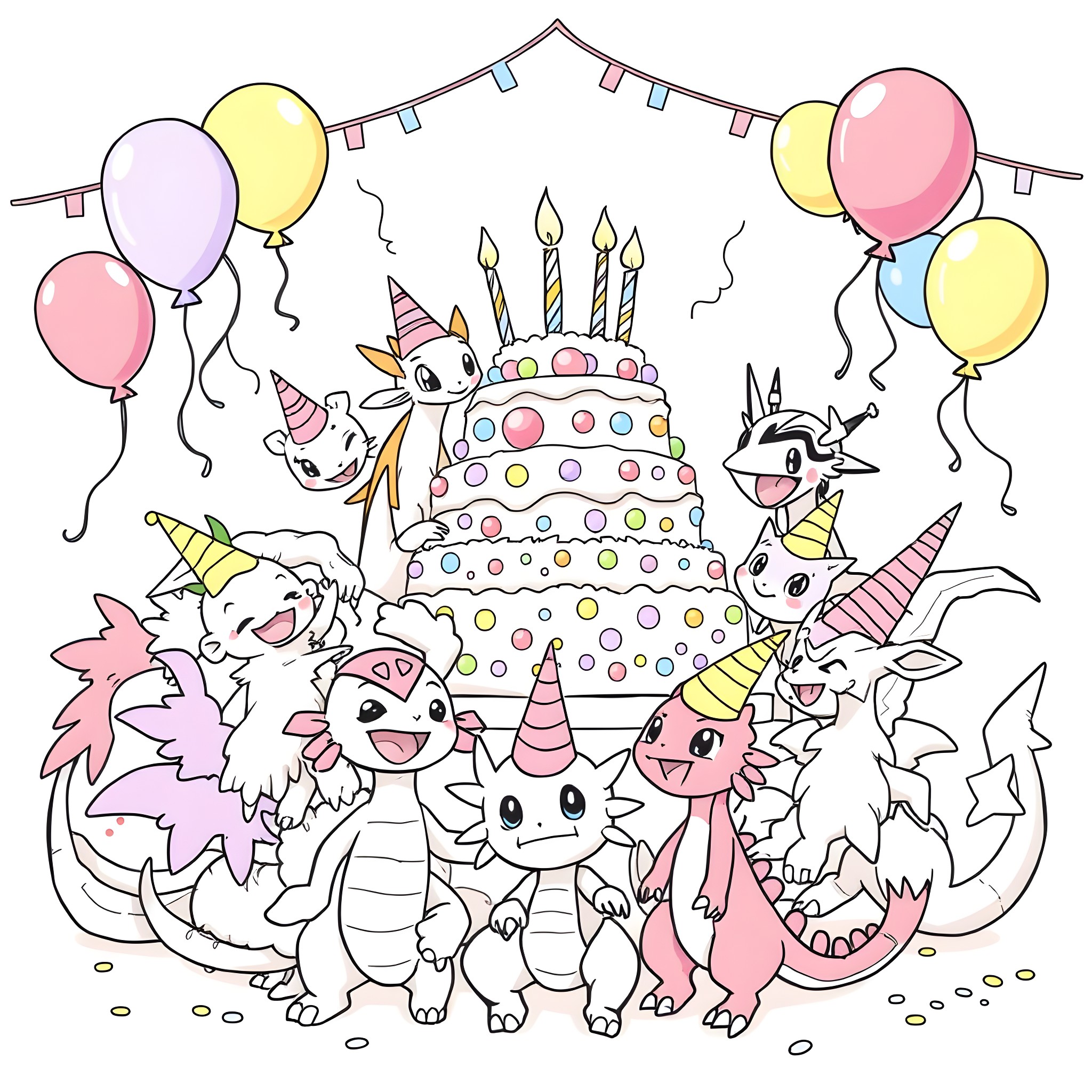 Digimon characters celebrating a birthday party Coloring Page (free black-and-white line drawing printable PDF for all, from beginners to advanced learners, including children, teens, adults, and seniors)