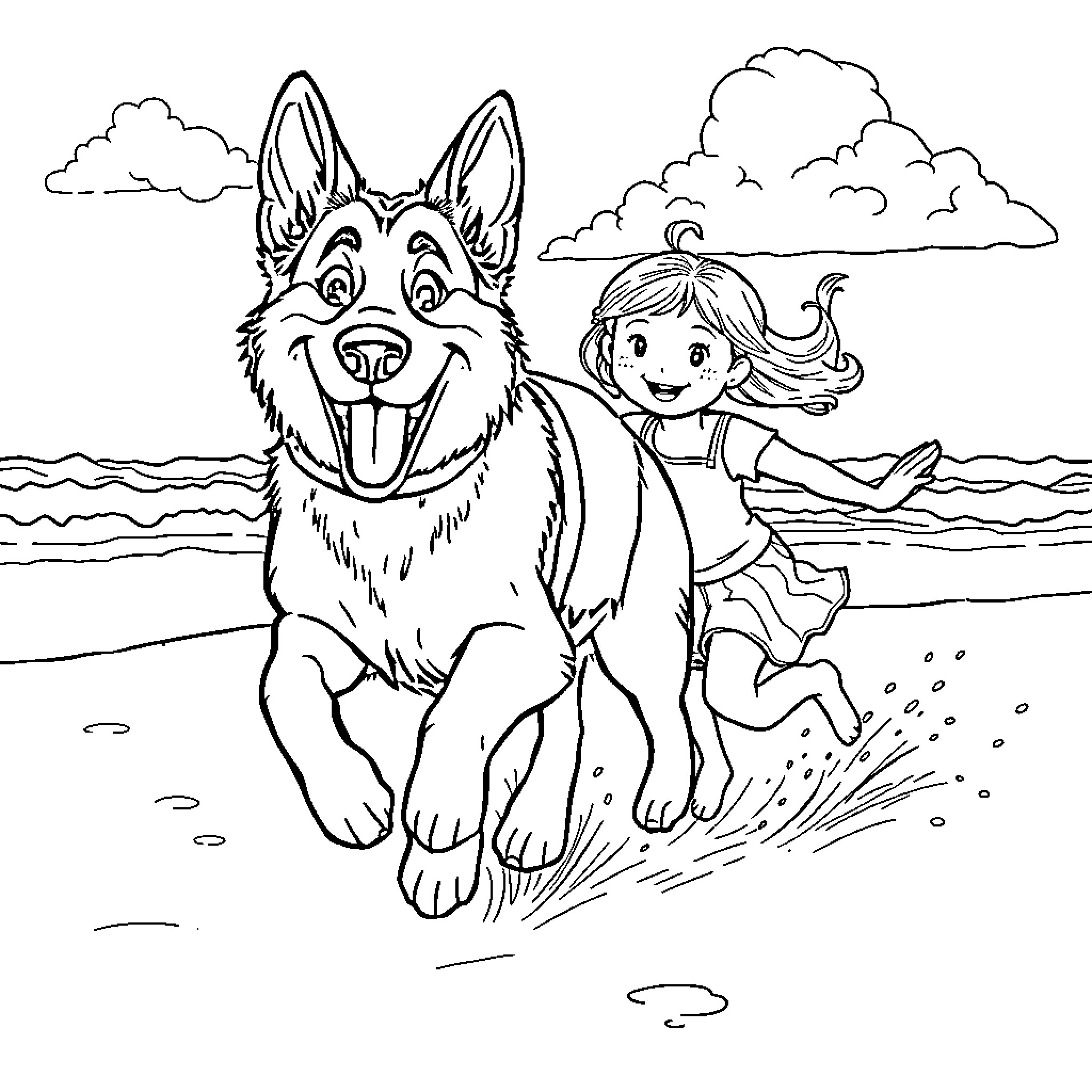German Shepherd playing happily with girl on the beach Coloring Page (free black-and-white line drawing printable PDF for all, from beginners to advanced learners, including children, teens, adults, and seniors)