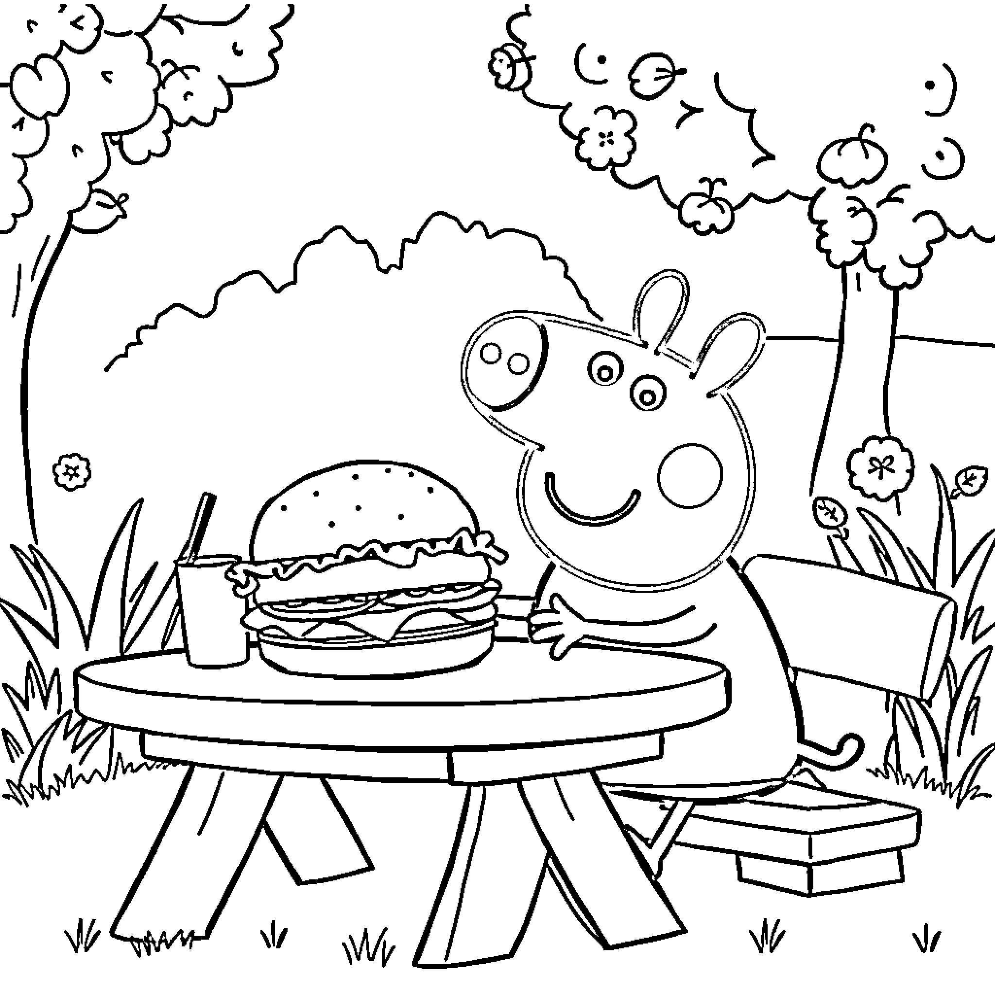 Peppa Pig enjoying a picnic in the park Coloring Page (free black-and-white line drawing printable PDF for all, from beginners to advanced learners, including children, teens, adults, and seniors)