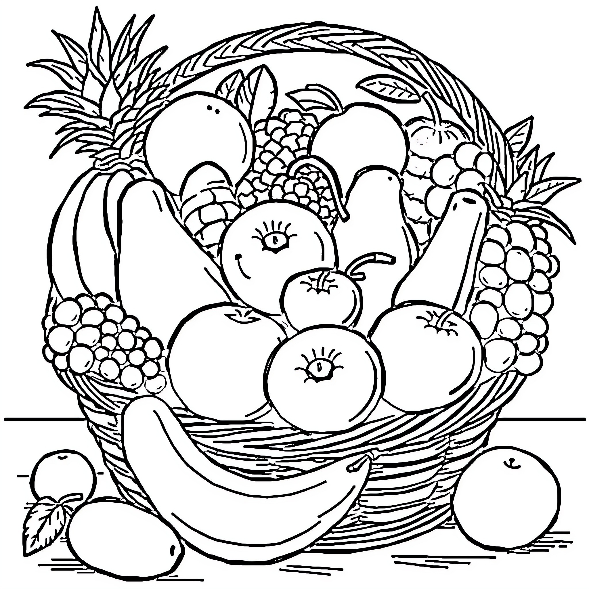 Fruit Basket Filled with Delightful Produce Coloring Page (free black-and-white line drawing printable PDF for all, from beginners to advanced learners, including children, teens, adults, and seniors)
