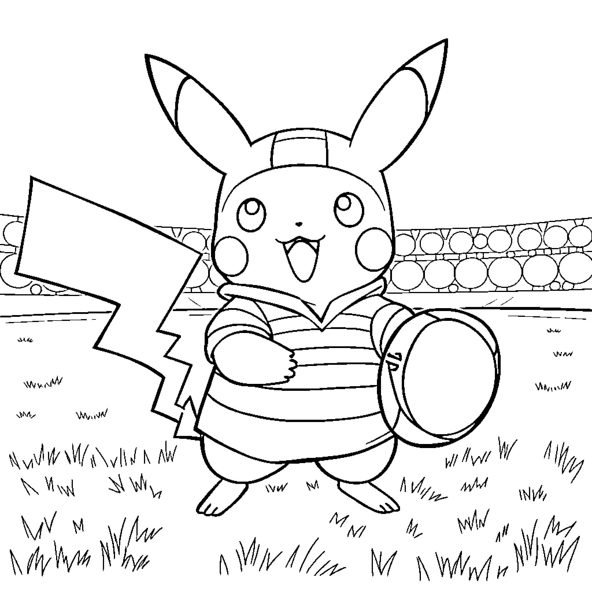 Pikachu exploring the outdoors with a magnifying glass Coloring Page (free black-and-white line drawing printable PDF for all, from beginners to advanced learners, including children, teens, adults, and seniors)