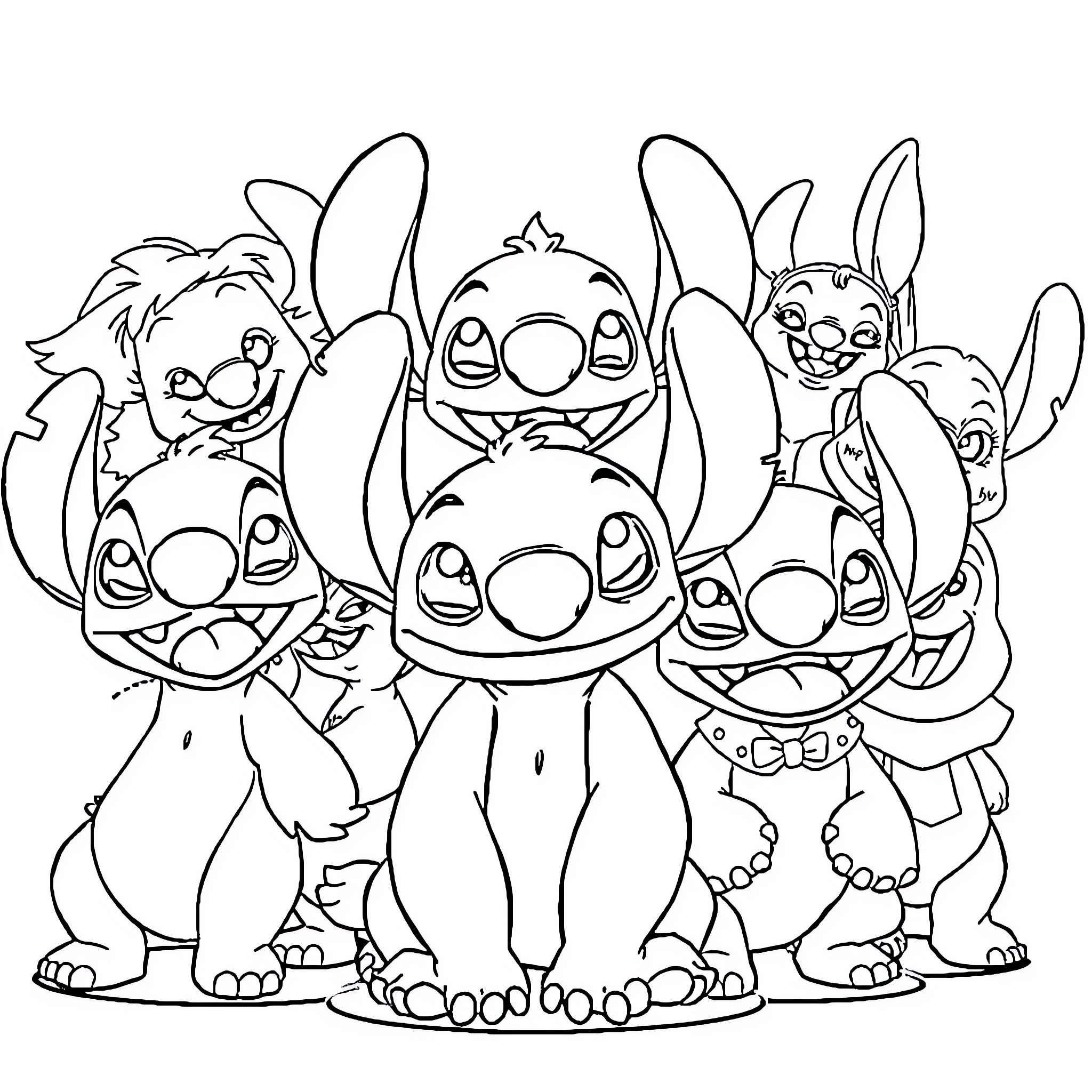 Stitch and his mischievous friends in a group portrait Coloring Page (free black-and-white line drawing printable PDF for all, from beginners to advanced learners, including children, teens, adults, and seniors)