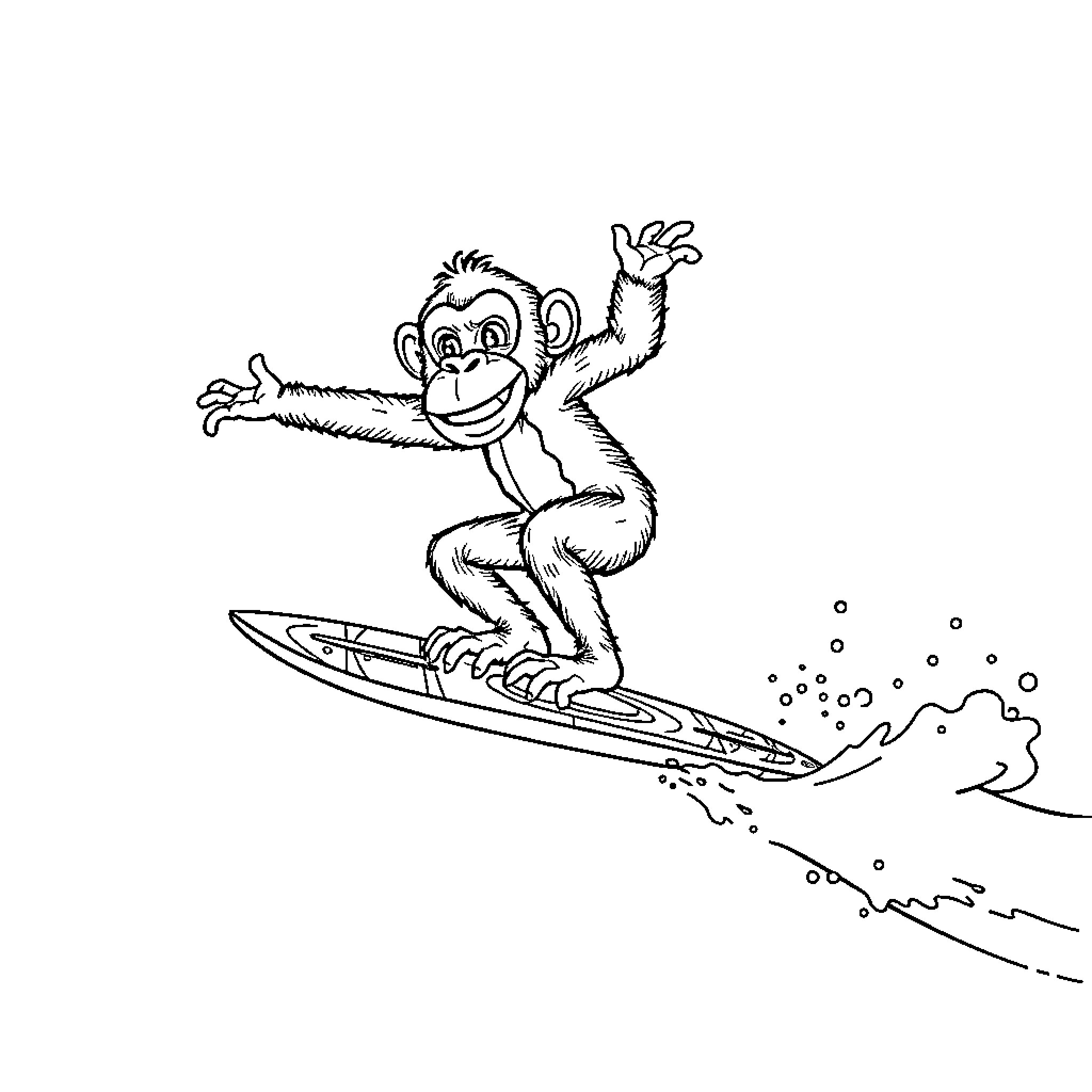 Chimpanzee surfing enthusiastically on the waves Coloring Page (free black-and-white line drawing printable PDF for all, from beginners to advanced learners, including children, teens, adults, and seniors)