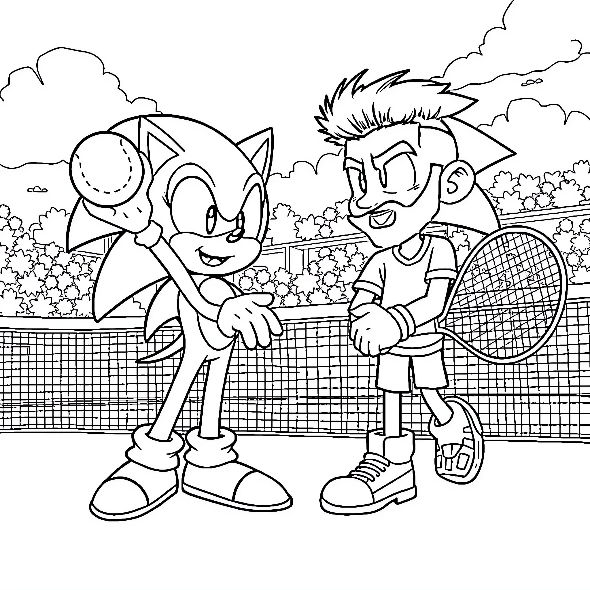 Sonic and friend playing tennis on the court Coloring Page (free black-and-white line drawing printable PDF for all, from beginners to advanced learners, including children, teens, adults, and seniors)