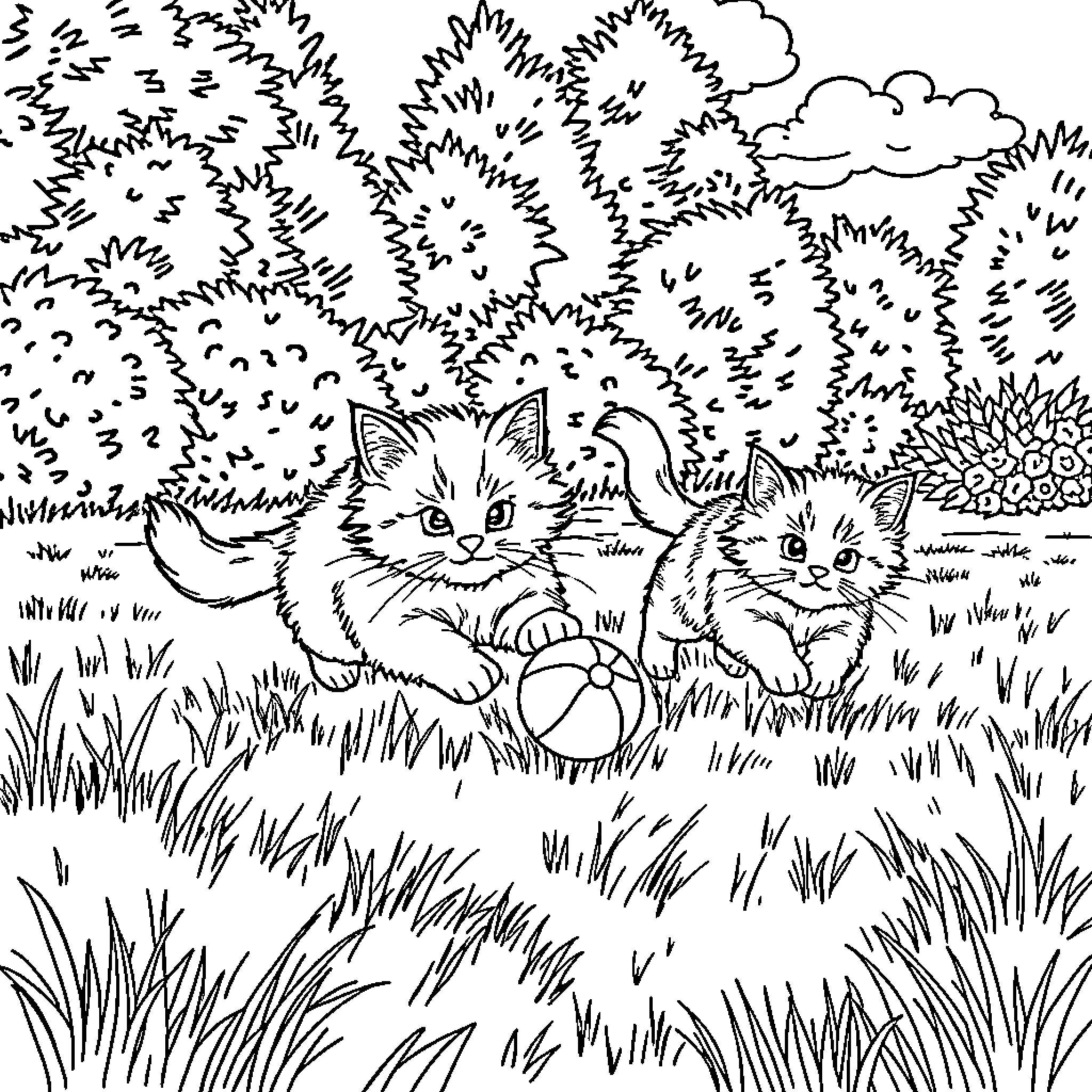 Cat exploring the outdoors with playful companion Coloring Page (free black-and-white line drawing printable PDF for all, from beginners to advanced learners, including children, teens, adults, and seniors)