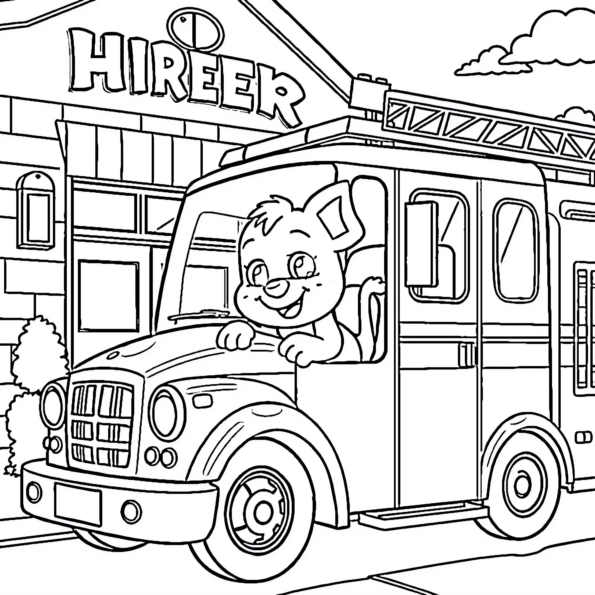 Bluey driving a fire truck near a fire station Coloring Page (free black-and-white line drawing printable PDF for all, from beginners to advanced learners, including children, teens, adults, and seniors)