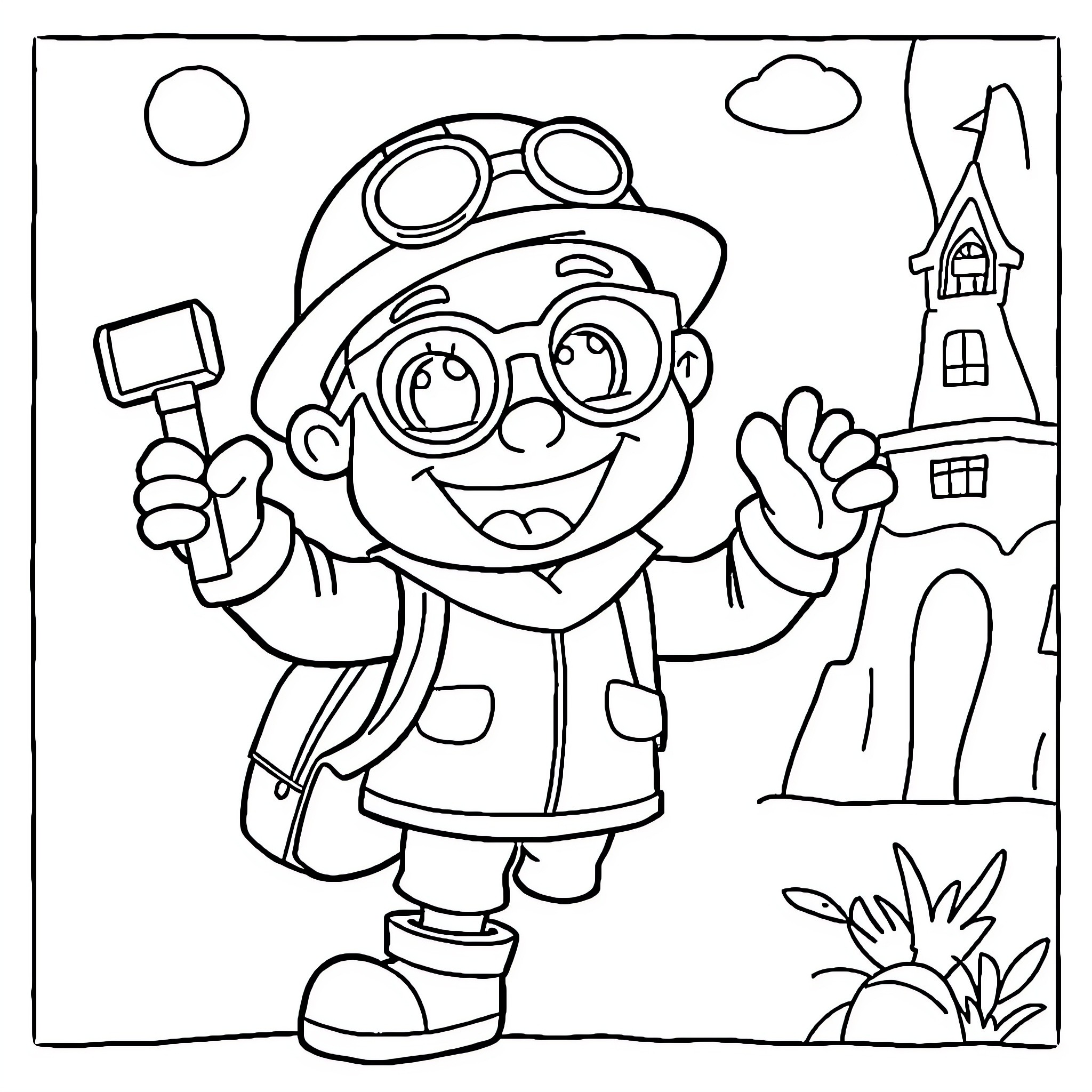 Blippi exploring the town with tools and a happy expression Coloring Page (free black-and-white line drawing printable PDF for all, from beginners to advanced learners, including children, teens, adults, and seniors)