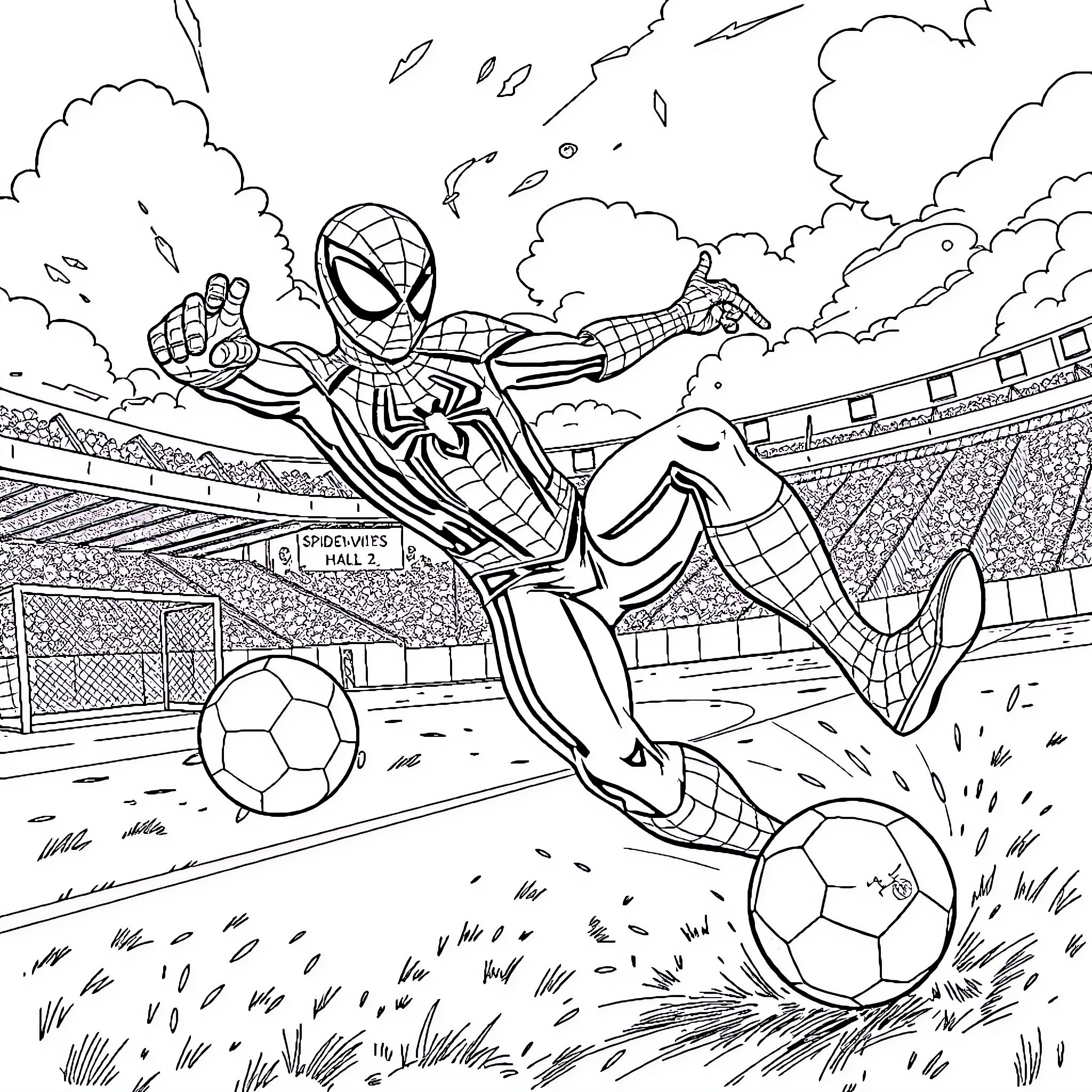 Spider-Man Kicking Soccer Balls in Stadium Coloring Page (free black-and-white line drawing printable PDF for all, from beginners to advanced learners, including children, teens, adults, and seniors)