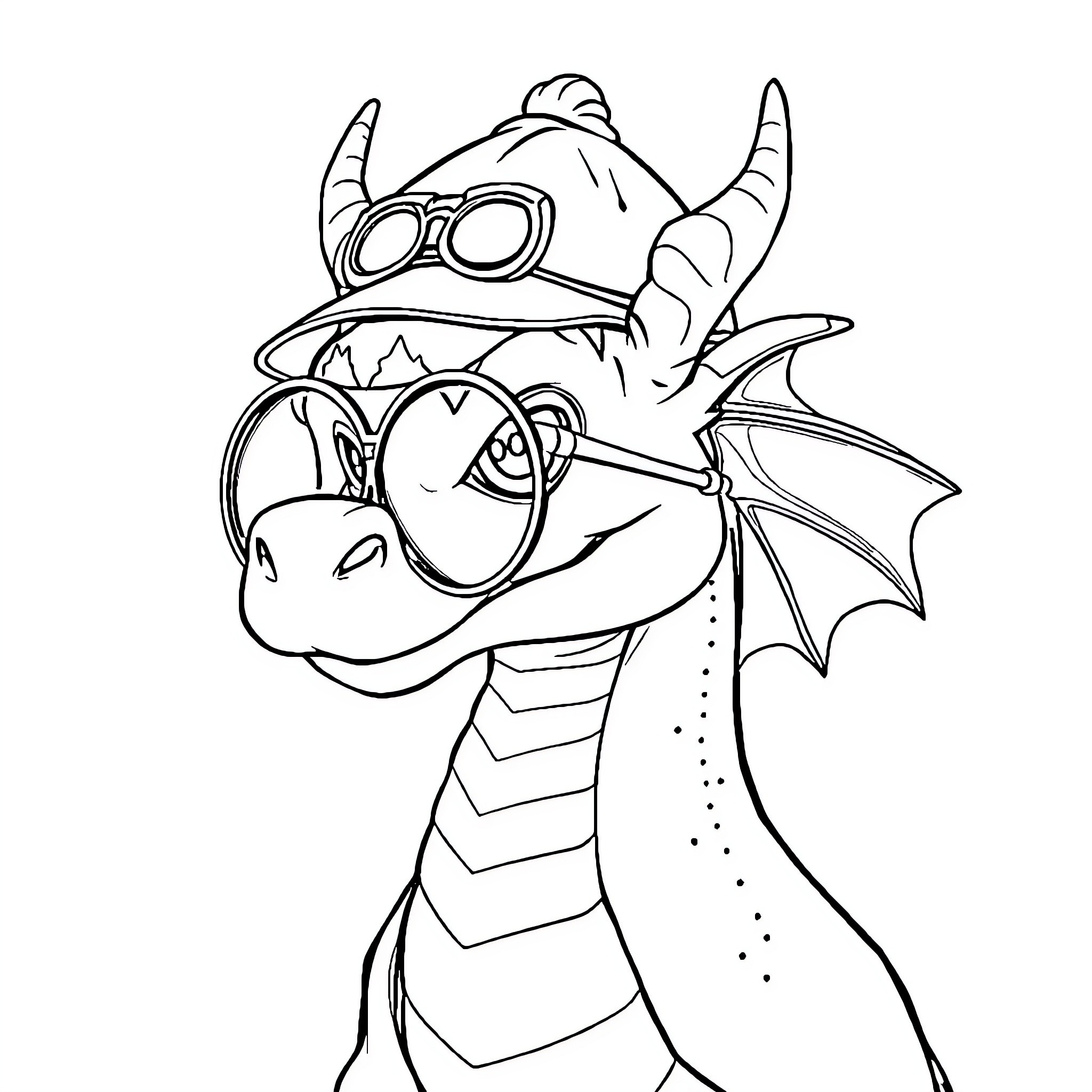 Dragon pilot taking flight with goggles Coloring Page (free black-and-white line drawing printable PDF for all, from beginners to advanced learners, including children, teens, adults, and seniors)