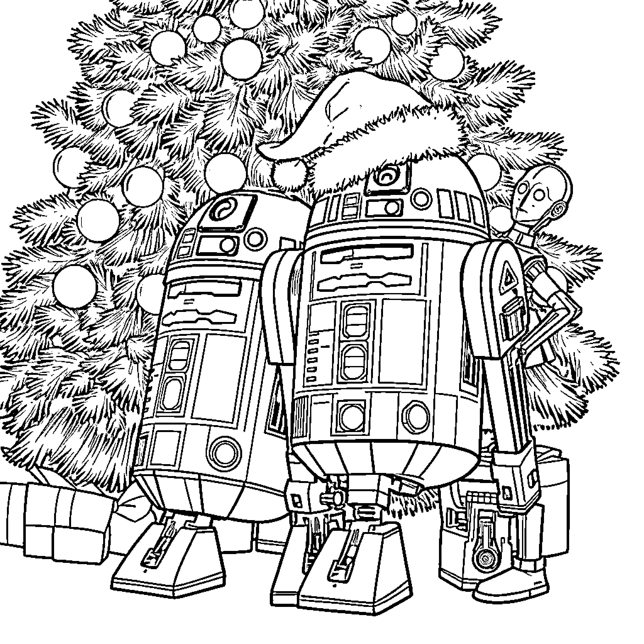 R2D2 Droids Celebrating Christmas with Tree Coloring Page (free black-and-white line drawing printable PDF for all, from beginners to advanced learners, including children, teens, adults, and seniors)