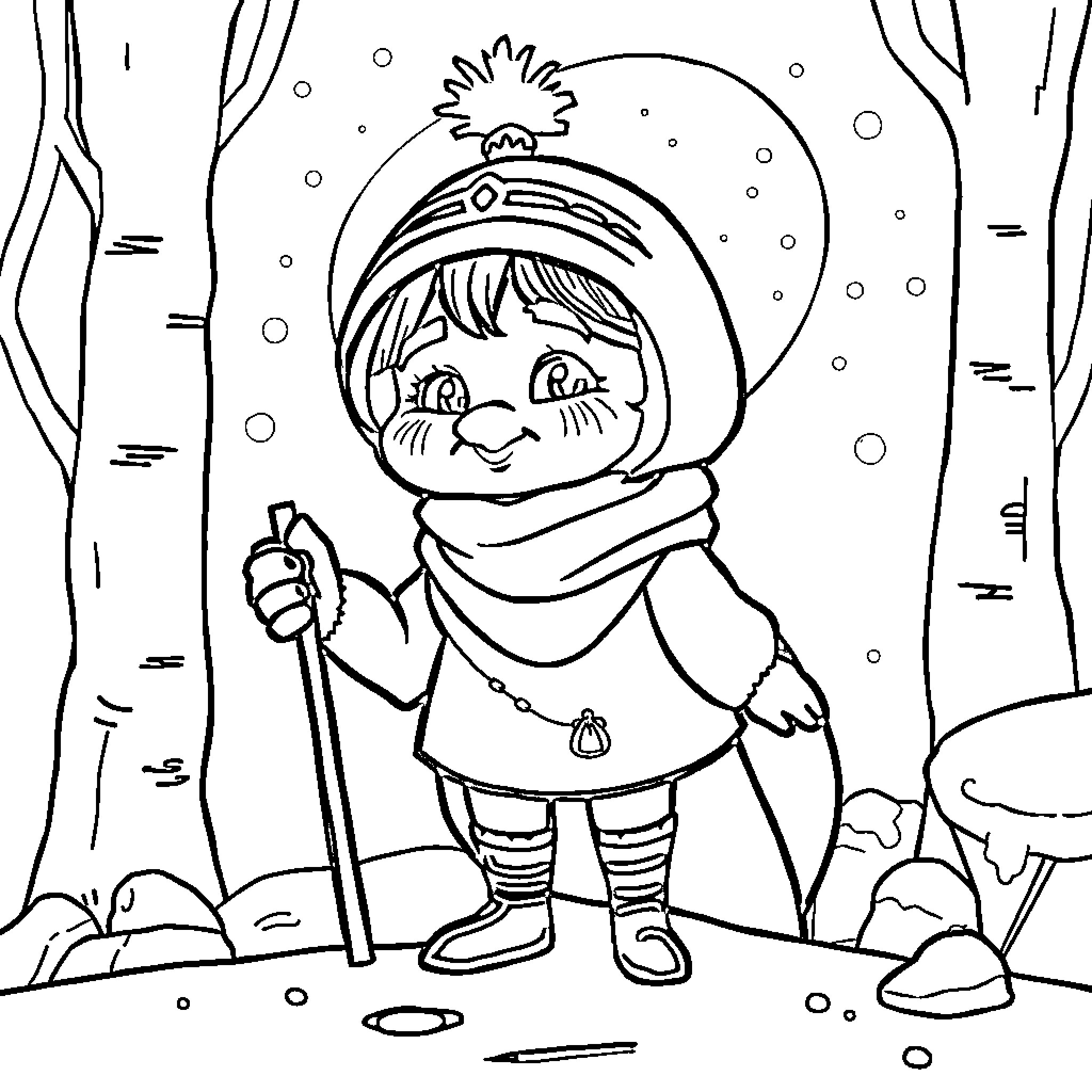 Meme of a happy child explorer in the winter woods Coloring Page (free black-and-white line drawing printable PDF for all, from beginners to advanced learners, including children, teens, adults, and seniors)