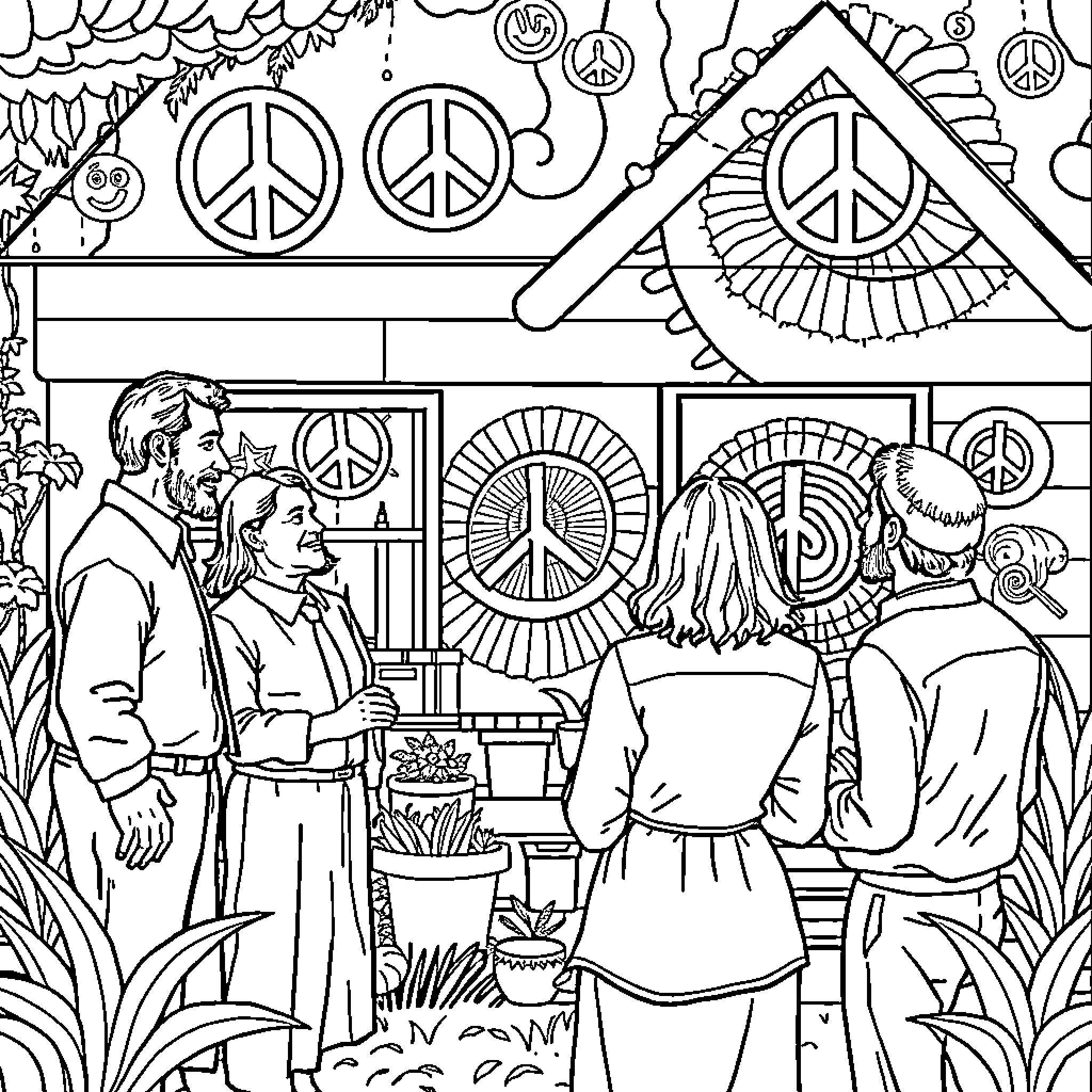Mormon community gathering in a peaceful scene Coloring Page (free black-and-white line drawing printable PDF for all, from beginners to advanced learners, including children, teens, adults, and seniors)