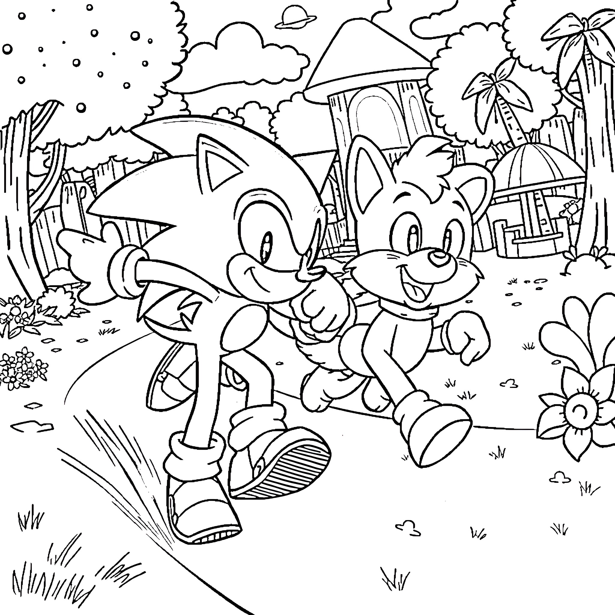 Sonic characters in tropical adventure scene Coloring Page (free black-and-white line drawing printable PDF for all, from beginners to advanced learners, including children, teens, adults, and seniors)