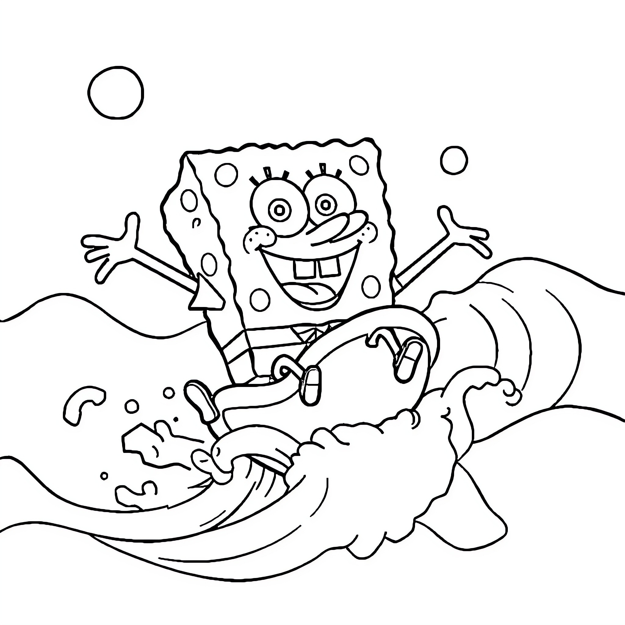 Spongebob surfing happily on a big wave Coloring Page (free black-and-white line drawing printable PDF for all, from beginners to advanced learners, including children, teens, adults, and seniors)