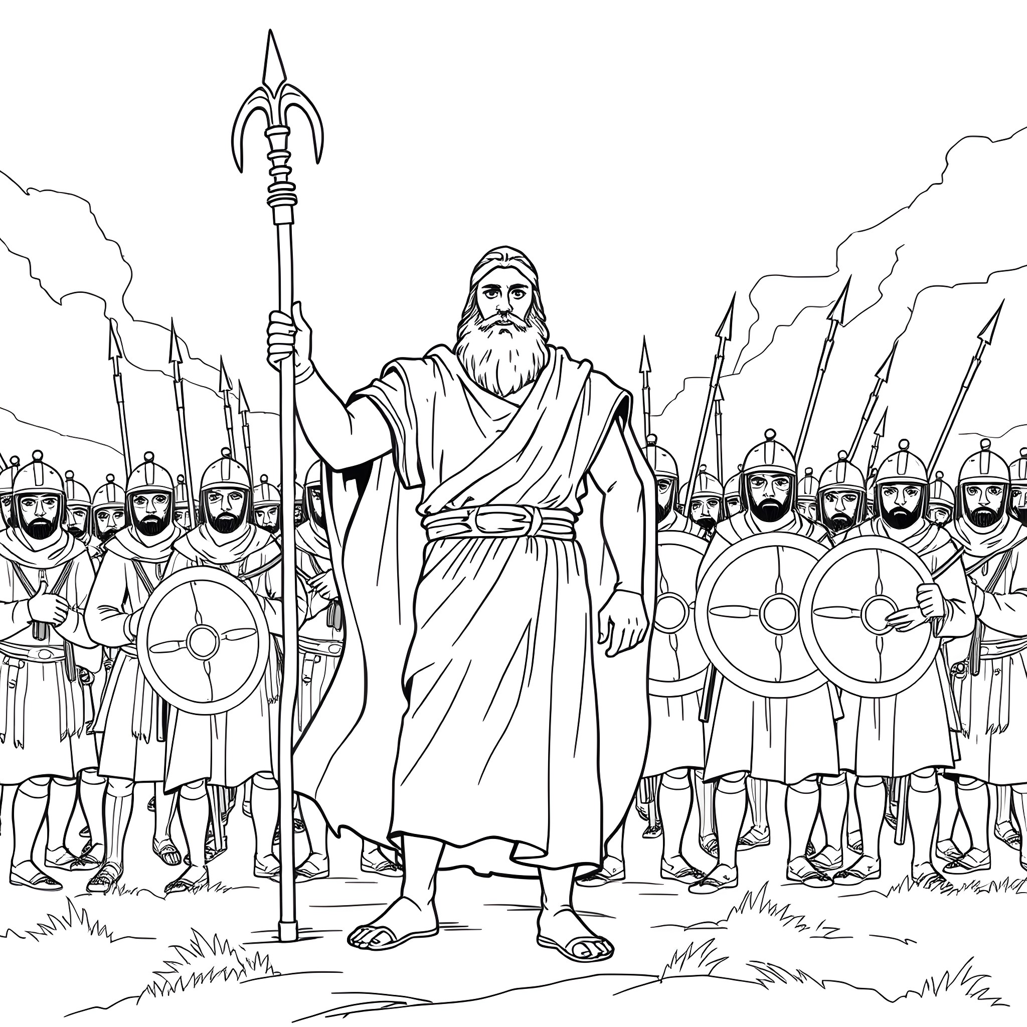 Gideon leading his army of warriors Coloring Page (free black-and-white line drawing printable PDF for all, from beginners to advanced learners, including children, teens, adults, and seniors)
