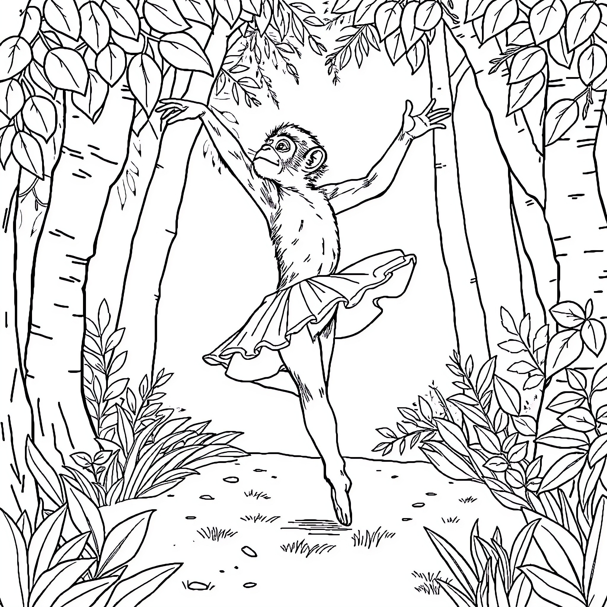 Ballerina dances gracefully in enchanted forest Coloring Page (free black-and-white line drawing printable PDF for all, from beginners to advanced learners, including children, teens, adults, and seniors)