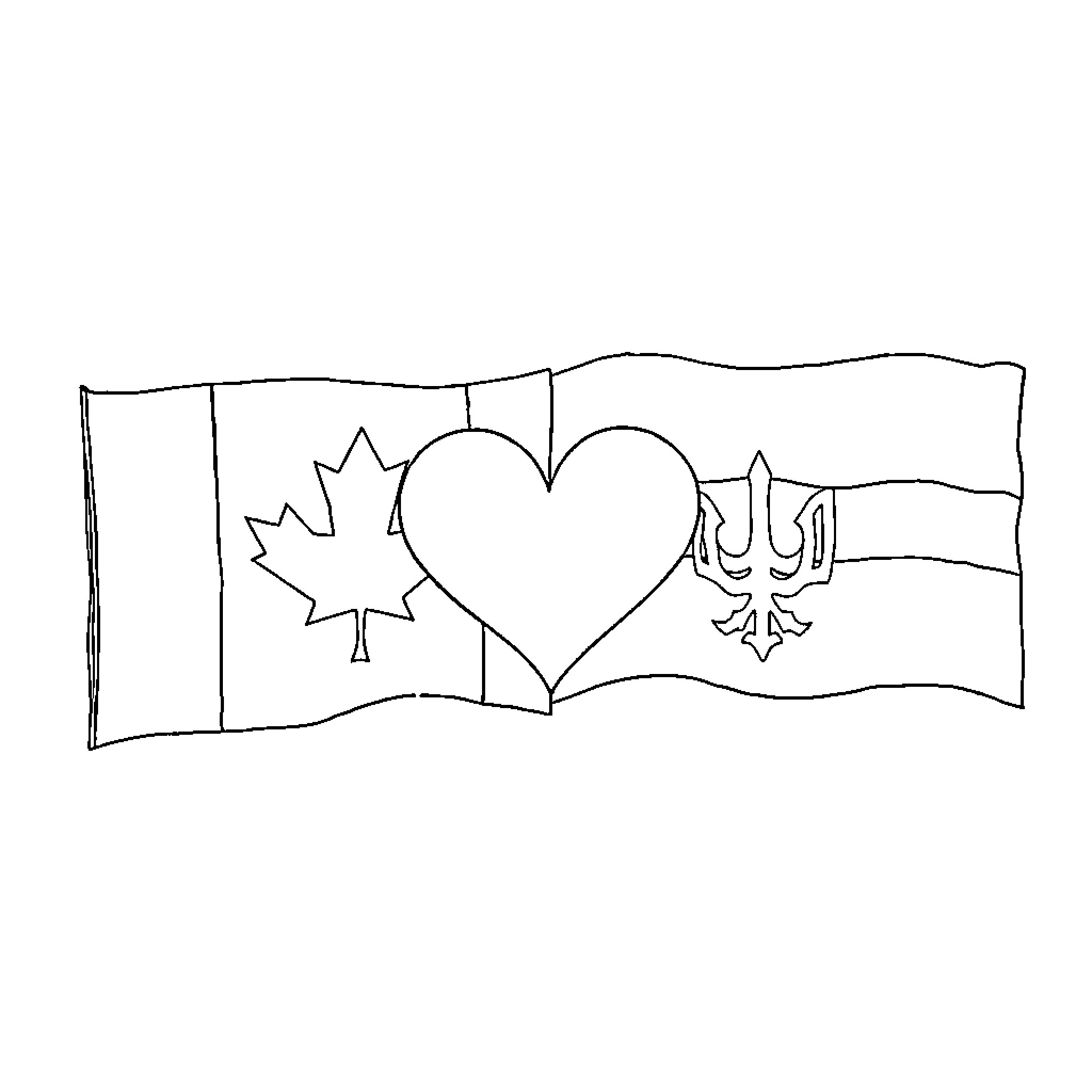 Flag depicting patriotic symbols and heart Coloring Page (free black-and-white line drawing printable PDF for all, from beginners to advanced learners, including children, teens, adults, and seniors)