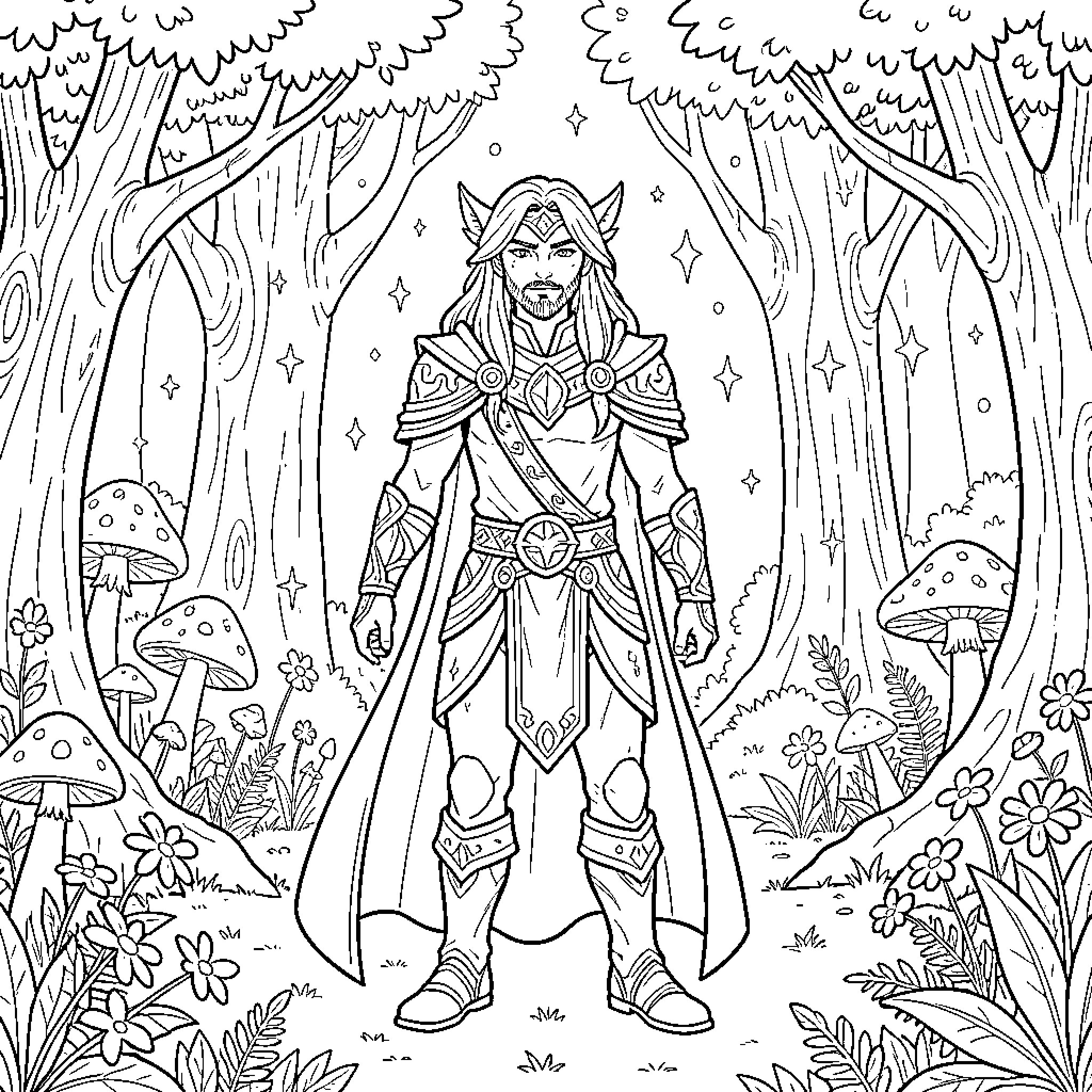 Drozen Warrior Exploring the Enchanted Forest Coloring Page (free black-and-white line drawing printable PDF for all, from beginners to advanced learners, including children, teens, adults, and seniors)