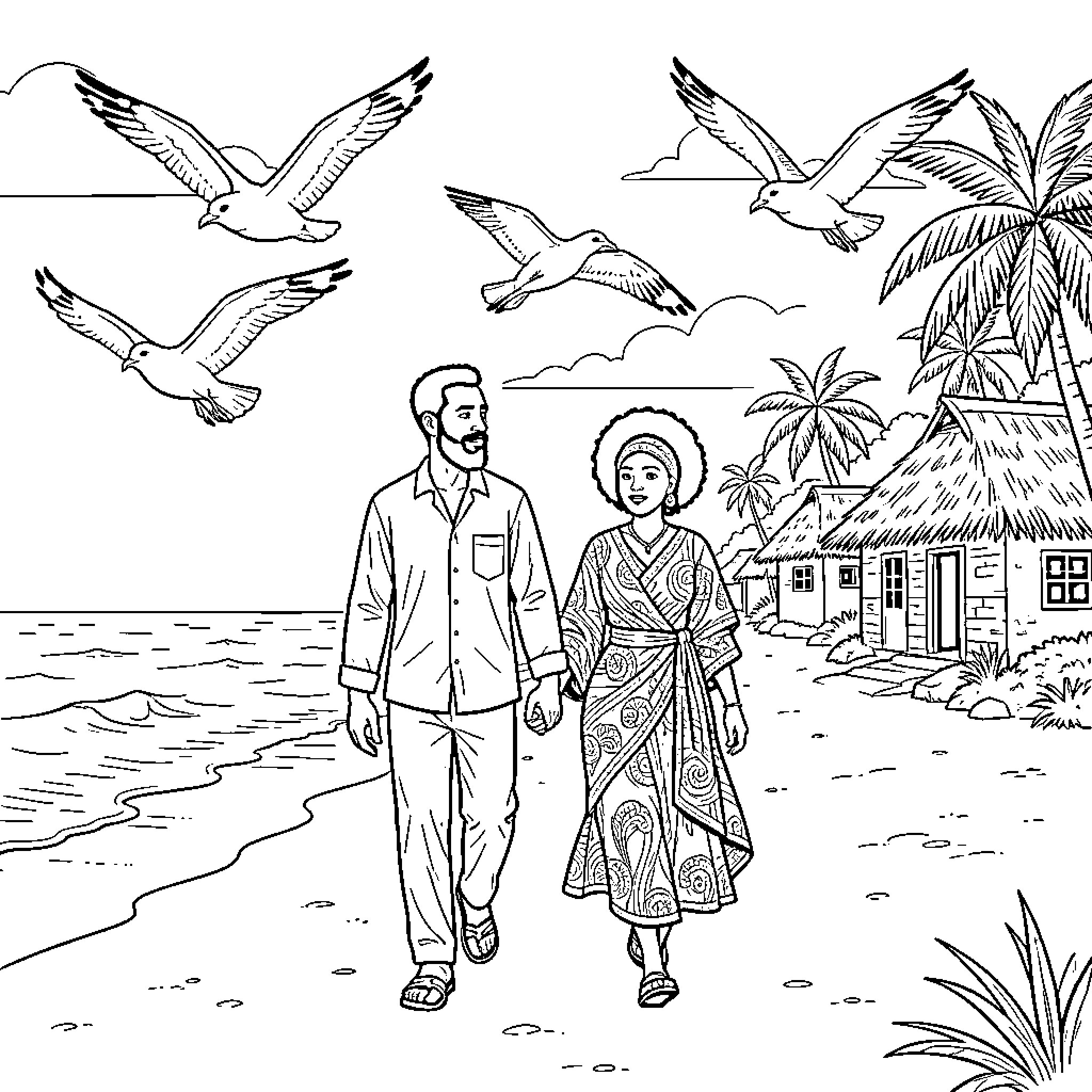 Seagulls flying over a couple walking on the beach Coloring Page (free black-and-white line drawing printable PDF for all, from beginners to advanced learners, including children, teens, adults, and seniors)