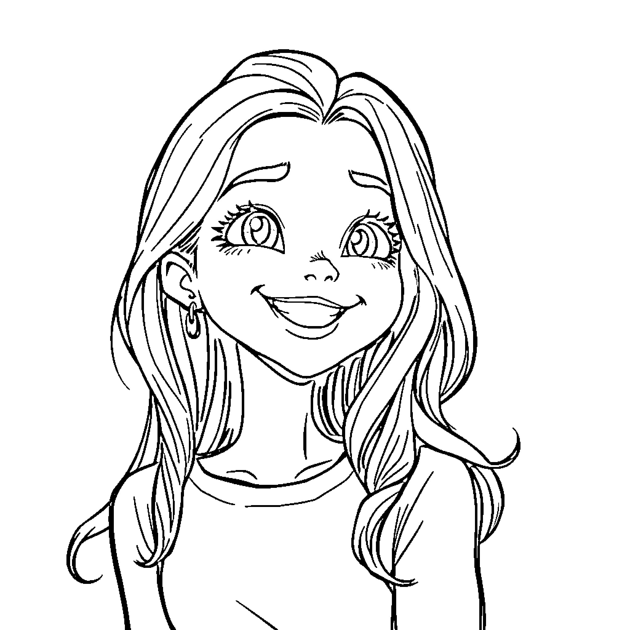 Girl with cheerful expression and wavy hair Coloring Page (free black-and-white line drawing printable PDF for all, from beginners to advanced learners, including children, teens, adults, and seniors)