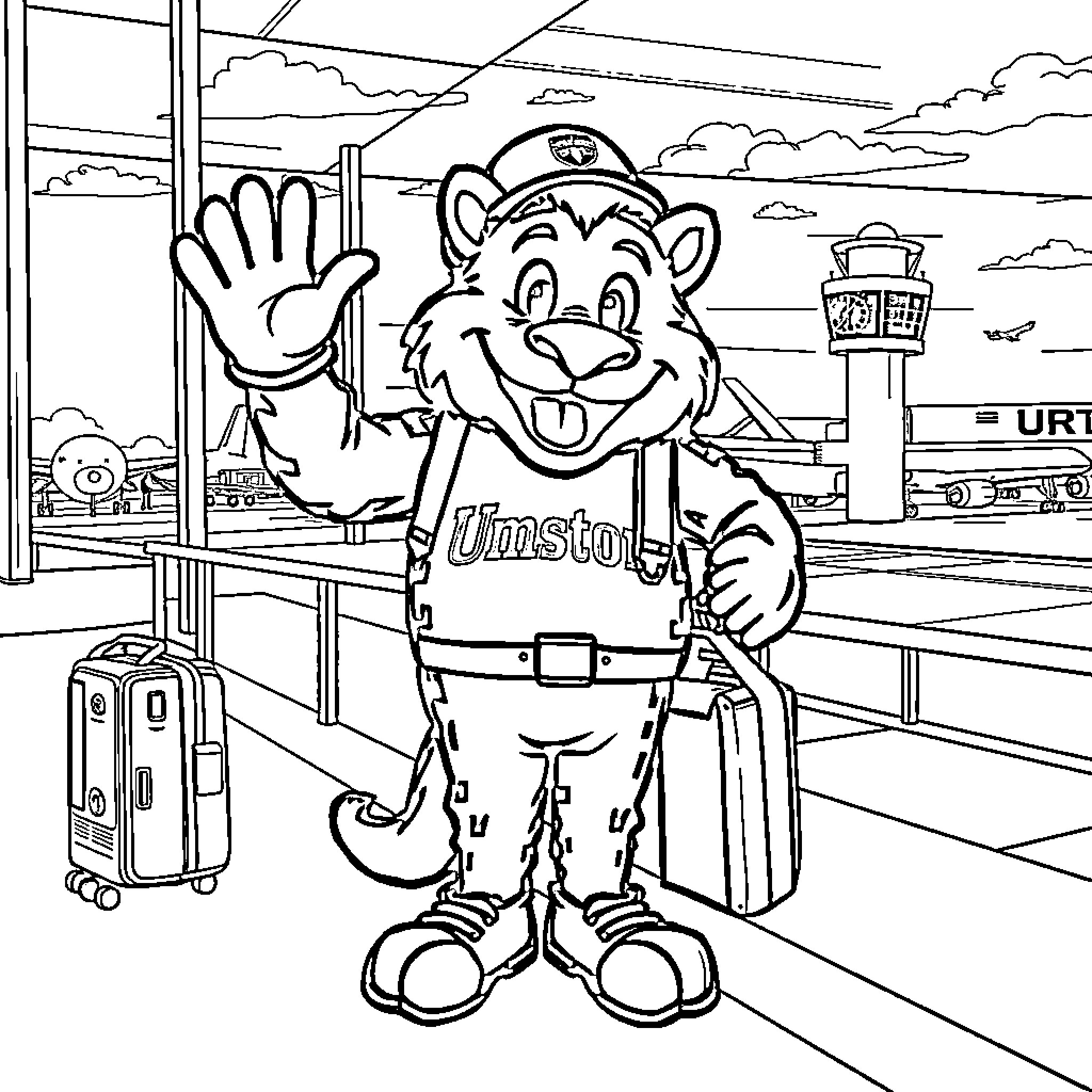 UMass Boston Mascot Waving at Airport Terminal Coloring Page (free black-and-white line drawing printable PDF for all, from beginners to advanced learners, including children, teens, adults, and seniors)