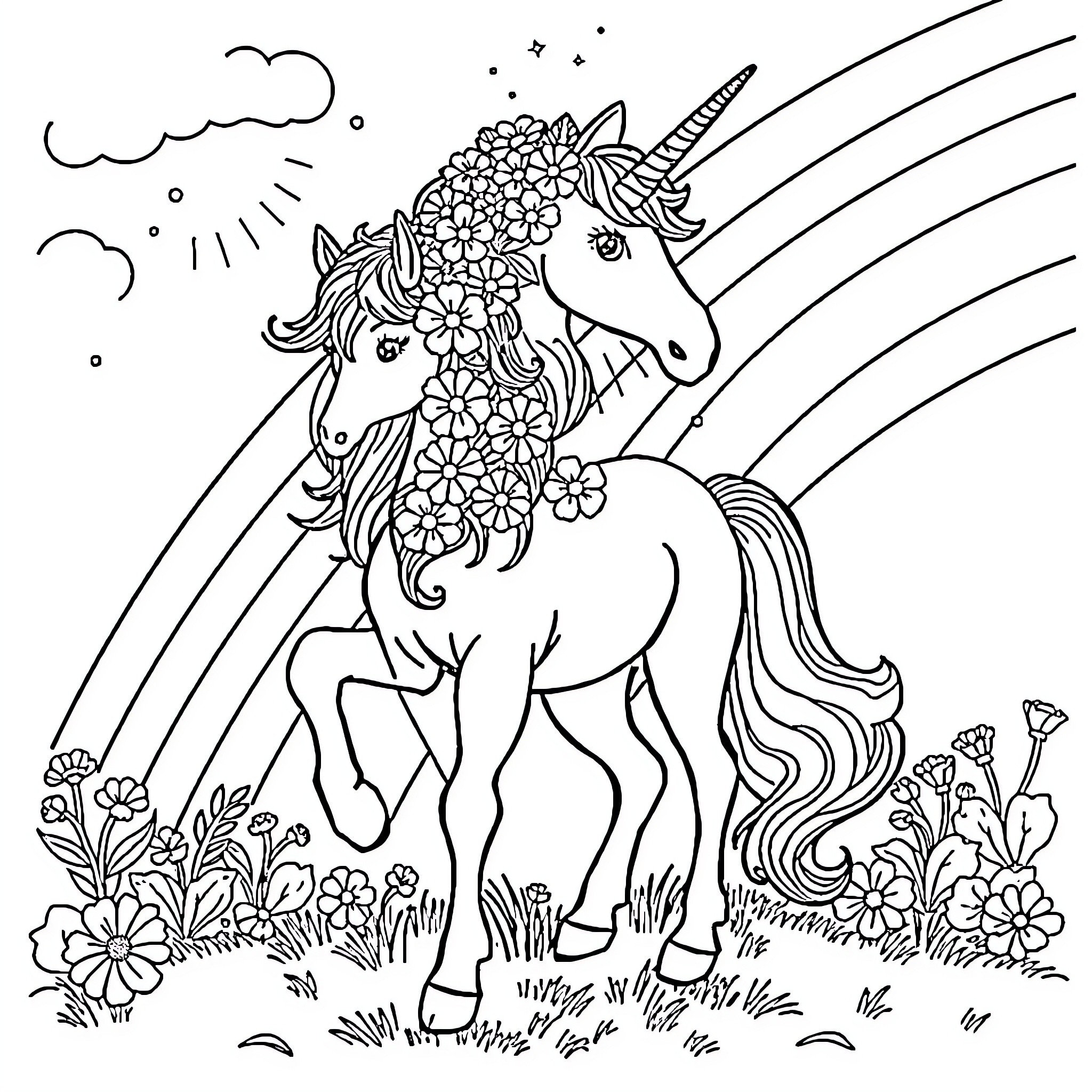Unicorn prancing through a floral meadow Coloring Page (free black-and-white line drawing printable PDF for all, from beginners to advanced learners, including children, teens, adults, and seniors)