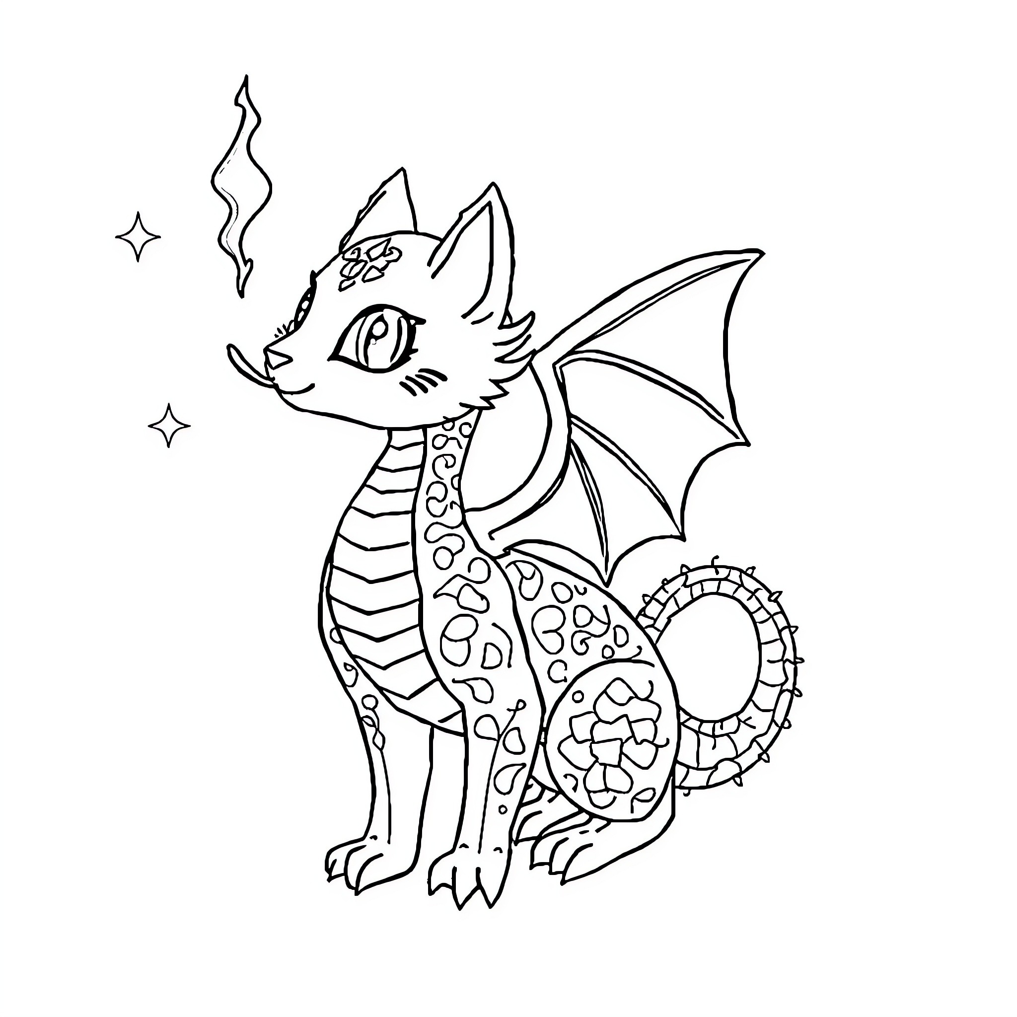 Animal dragon with decorative patterns Coloring Page (free black-and-white line drawing printable PDF for all, from beginners to advanced learners, including children, teens, adults, and seniors)